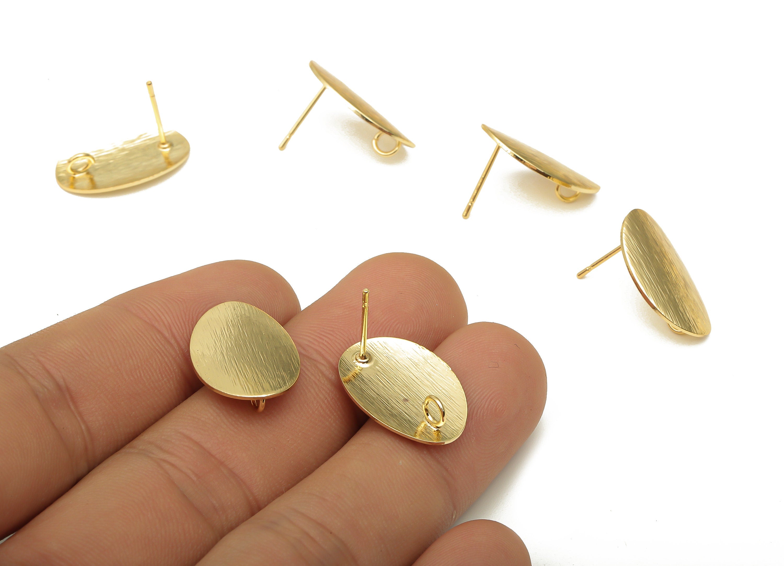Brass Textured Round Earring Post - Curved Oval Earring With Loop - Stainless Steel Stud - 18K Real Gold Plating - 19.5x13.2x1mm - RGP5167 - DOMEDBAZAAR