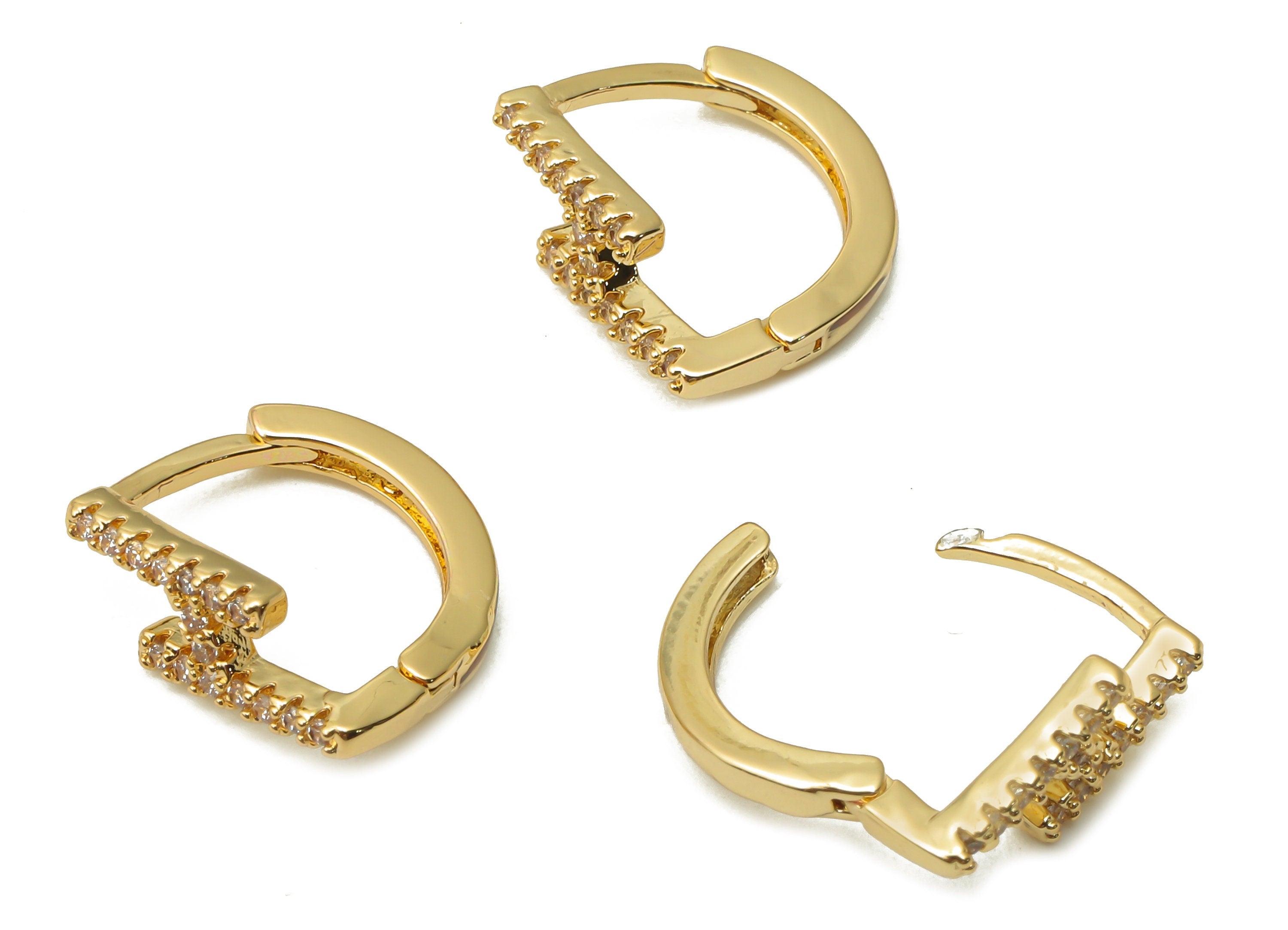 Brass D Huggie Hoop Earrings - Brass Saw Huggie Hoop Earring with Zircons - Dainty Hoop Earrings - 13.95x11.7x1.82mm- RGP4987 - DOMEDBAZAAR