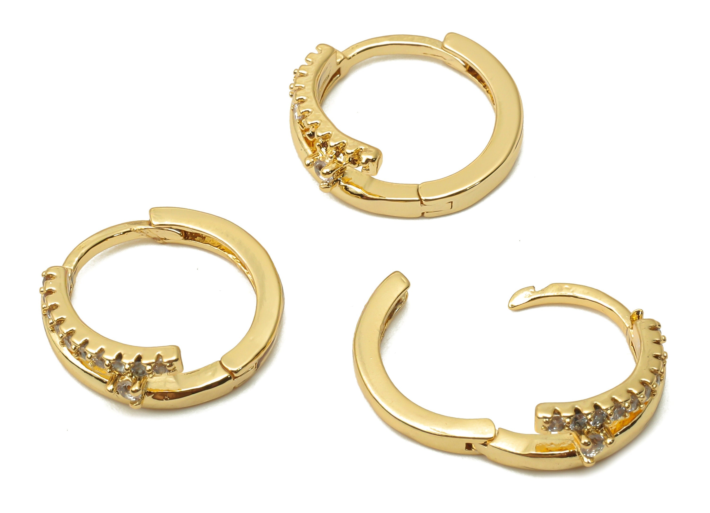 Brass Textured Earring Clasps With Zircon - Gold Plated Round Clasps - Huggie Hoop Clasps - 18K Real Gold Plated -14.96x13.82x1.62mm-RGP4991 - DOMEDBAZAAR