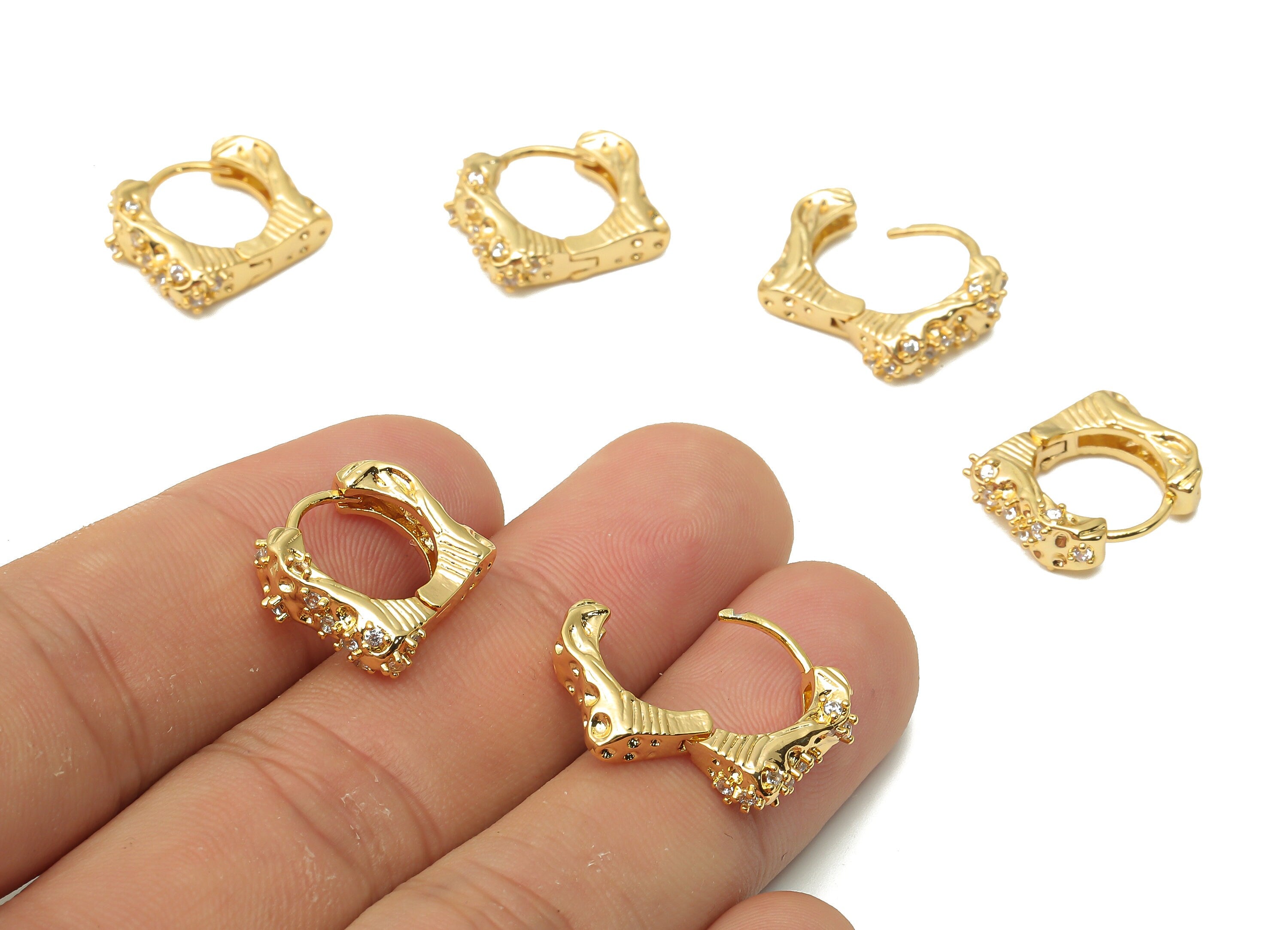 Brass Angled Huggie Hoop Earrings - Brass Textured Stud Earrings - Geometric Hoop Earrings - 18K Real Gold Plated -16.8x14.52x3.49mm-RGP4992 - DOMEDBAZAAR