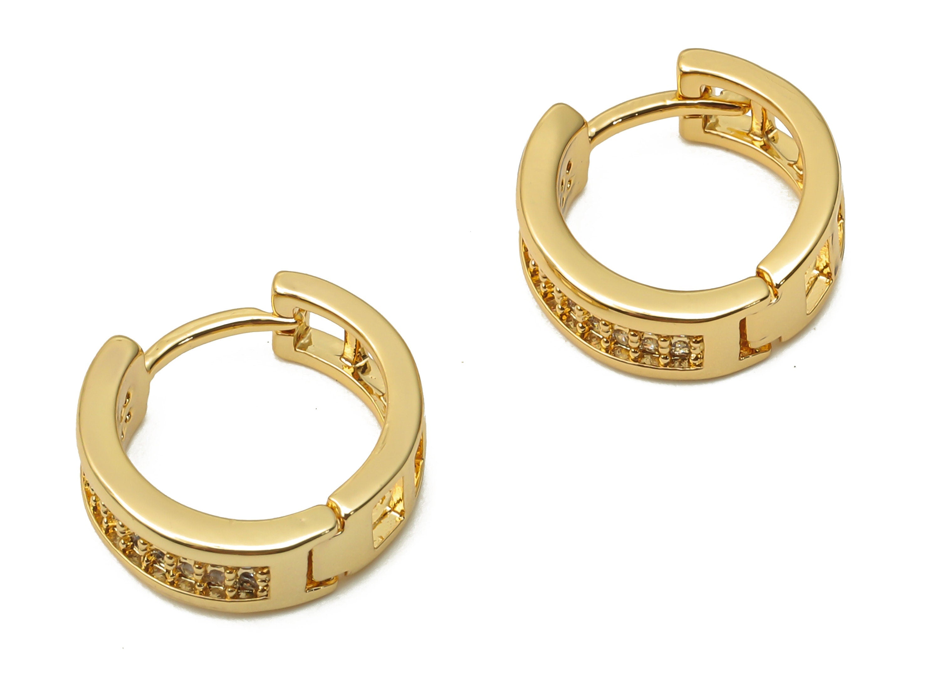 Brass Round Hoop Clasps With Zircon - Gold Plated Circle Earrings - Brass Earrings - 18K Real Gold Plated Brass - 12.63x12.63x1.7mm -RGP4993 - DOMEDBAZAAR