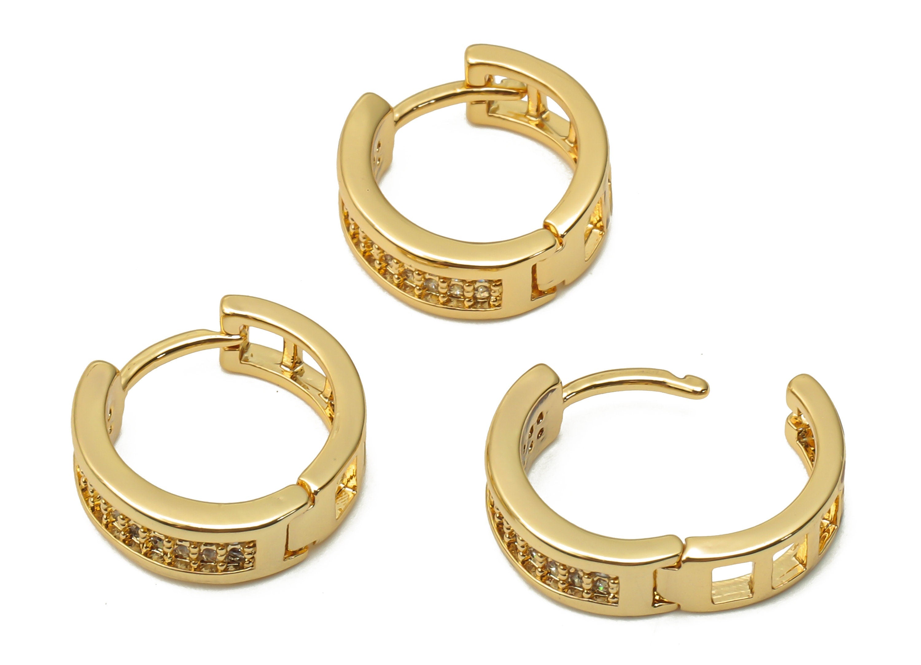 Brass Round Hoop Clasps With Zircon - Gold Plated Circle Earrings - Brass Earrings - 18K Real Gold Plated Brass - 12.63x12.63x1.7mm -RGP4993 - DOMEDBAZAAR