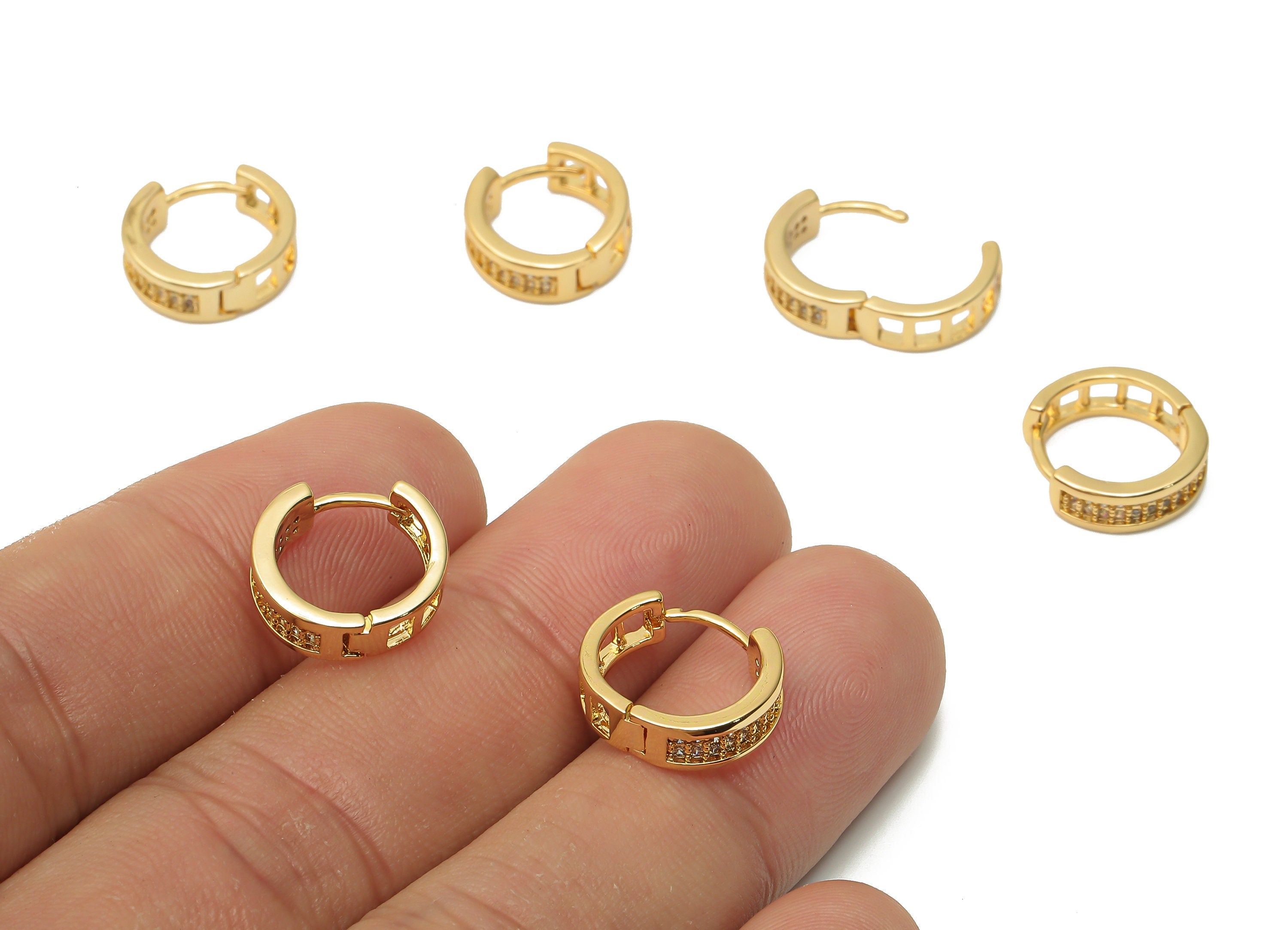 Brass Round Hoop Clasps With Zircon - Gold Plated Circle Earrings - Brass Earrings - 18K Real Gold Plated Brass - 12.63x12.63x1.7mm -RGP4993 - DOMEDBAZAAR