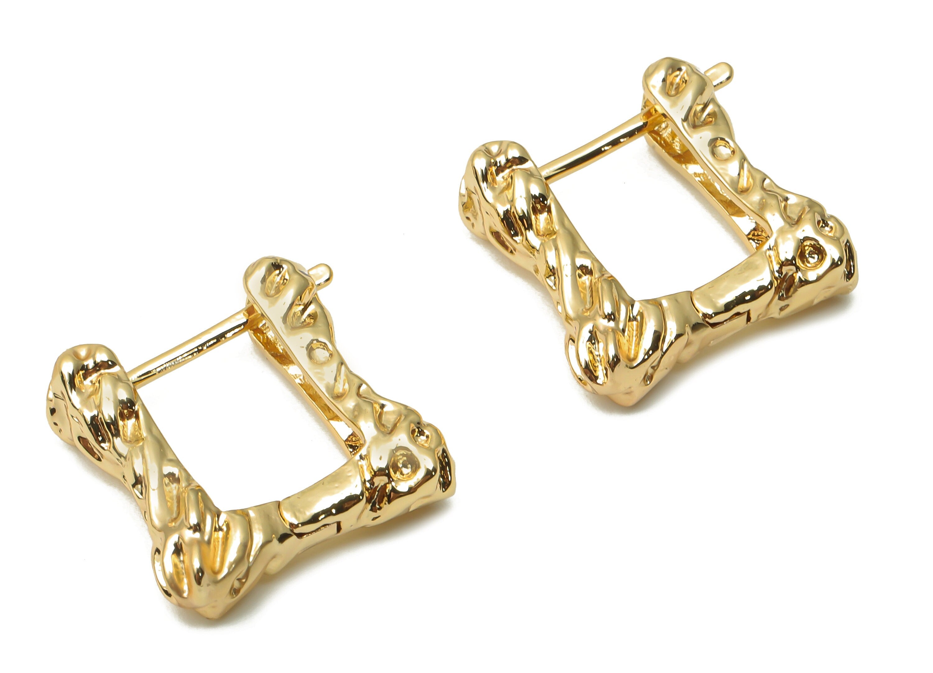 Brass Rectangle Spotted Earring - Brass Textured Angled Hoop - Geometric Huggie Hoop Earring- 18K Real Gold Plated-16.74x16.67x3.3mm-RGP4998 - DOMEDBAZAAR