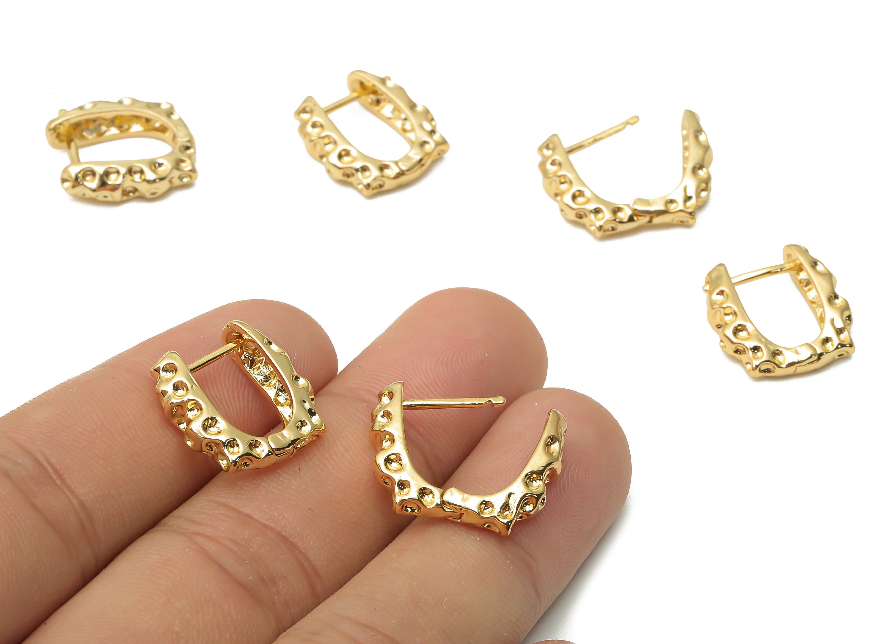 Brass Spotted Textured Huggie Earrings - Brass Geometric Angle Hoop Earrings - 18K Real Gold Plated - 16.8x15.07x3.2mm - RGP5004 - DOMEDBAZAAR