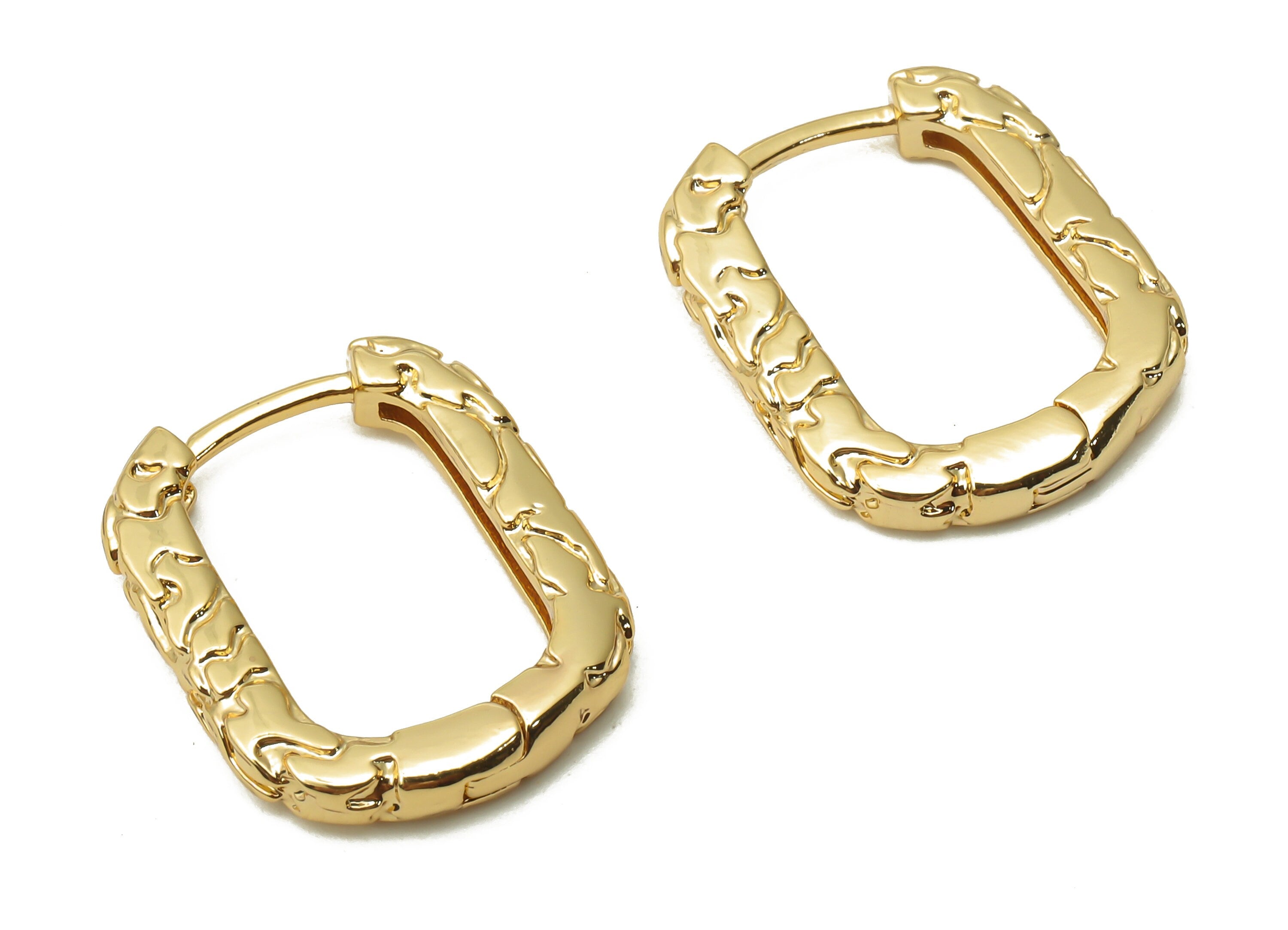 Brass Oval Rectangle Snake Pattern Earrings Clasps - Brass Textured Hoop Clasps Earrings - 18K Real Gold Plated- 17.87x14.48x2.67mm -RGP5007 - DOMEDBAZAAR