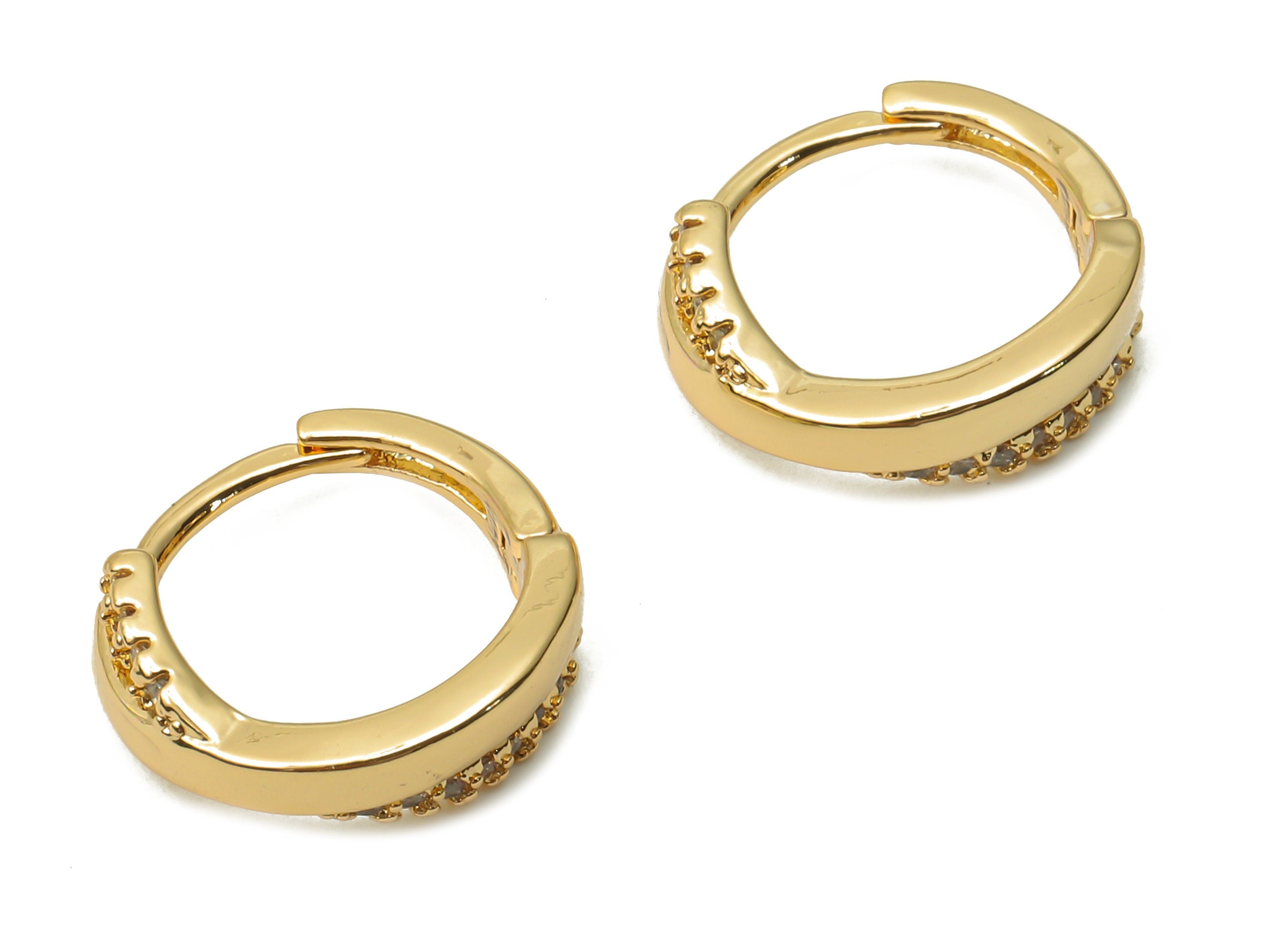 Brass Huggie Earrings With Zircon - Gold Plated Hoop Clasps - Huggie Hoop Earrings - 18K Real Gold Plated Brass - 13.6x12.7x1.7mm - RGP5009 - DOMEDBAZAAR