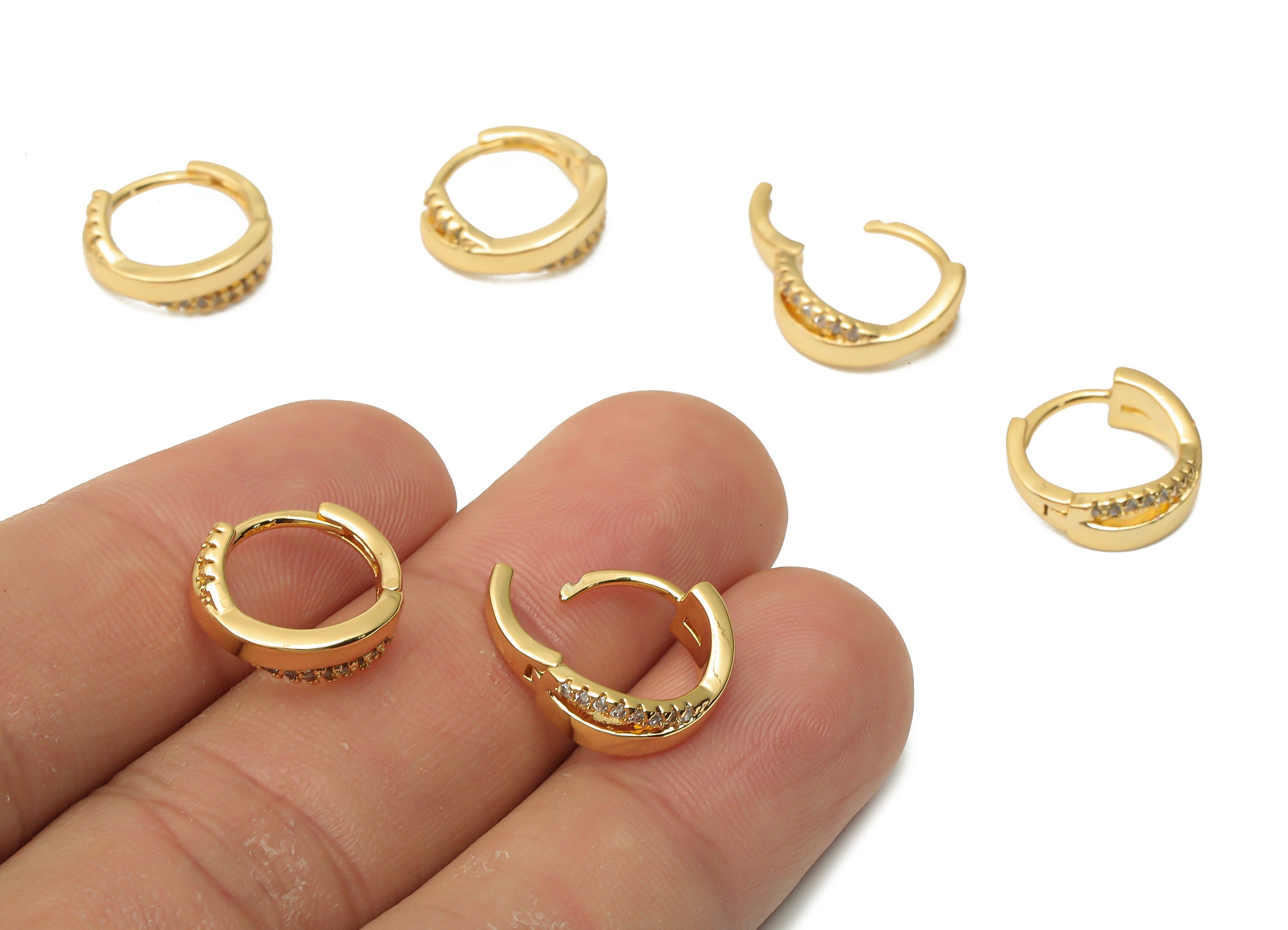 Brass Huggie Earrings With Zircon - Gold Plated Hoop Clasps - Huggie Hoop Earrings - 18K Real Gold Plated Brass - 13.6x12.7x1.7mm - RGP5009 - DOMEDBAZAAR