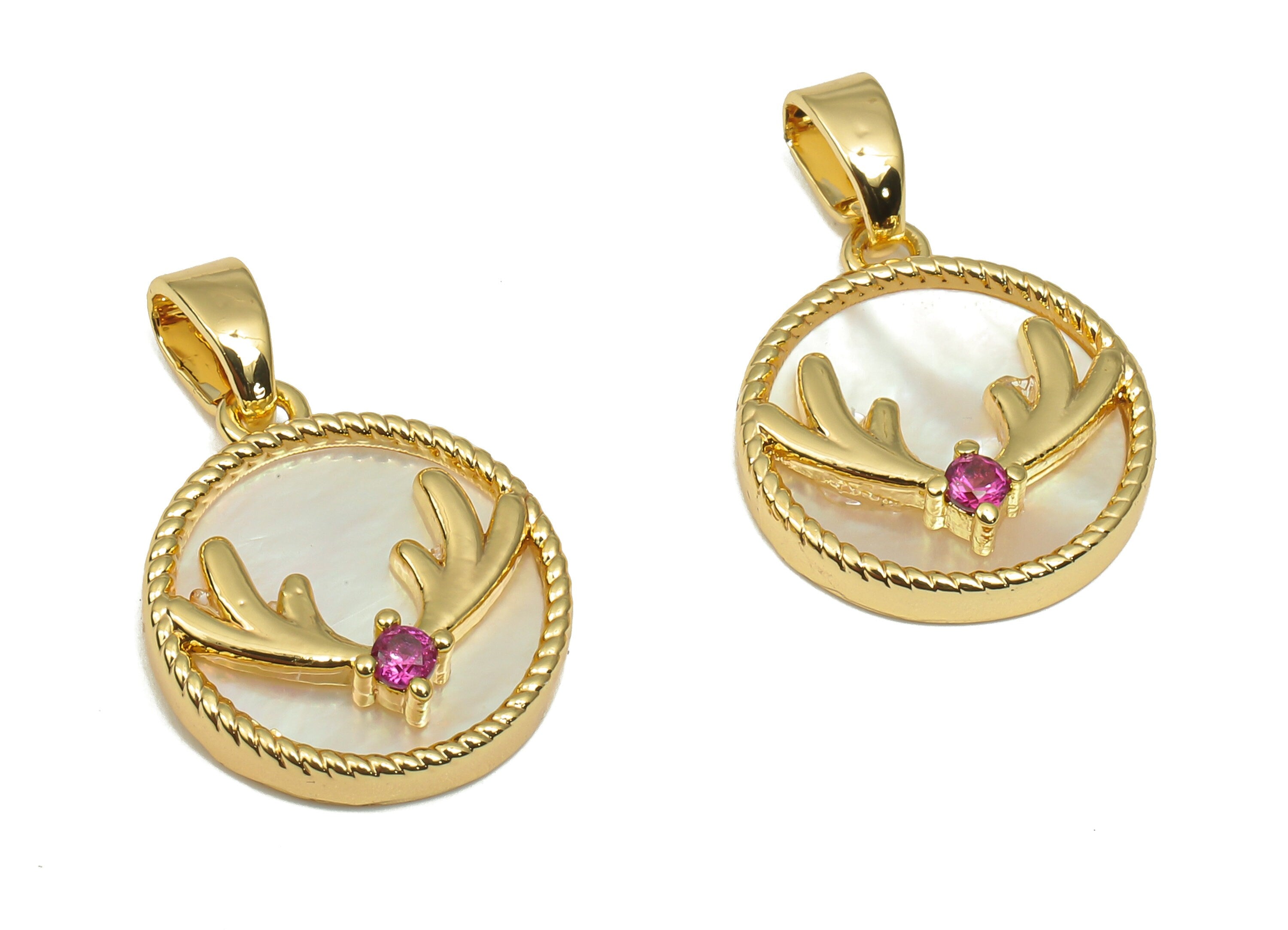 Brass Round Pendant - CZ Paved MOP Shell Deer Antlers Charm With Zircon - 18K Real Gold Plating - Mother of Pearl - 19.6x13x2.4mm - RGP4600 - DOMEDBAZAAR