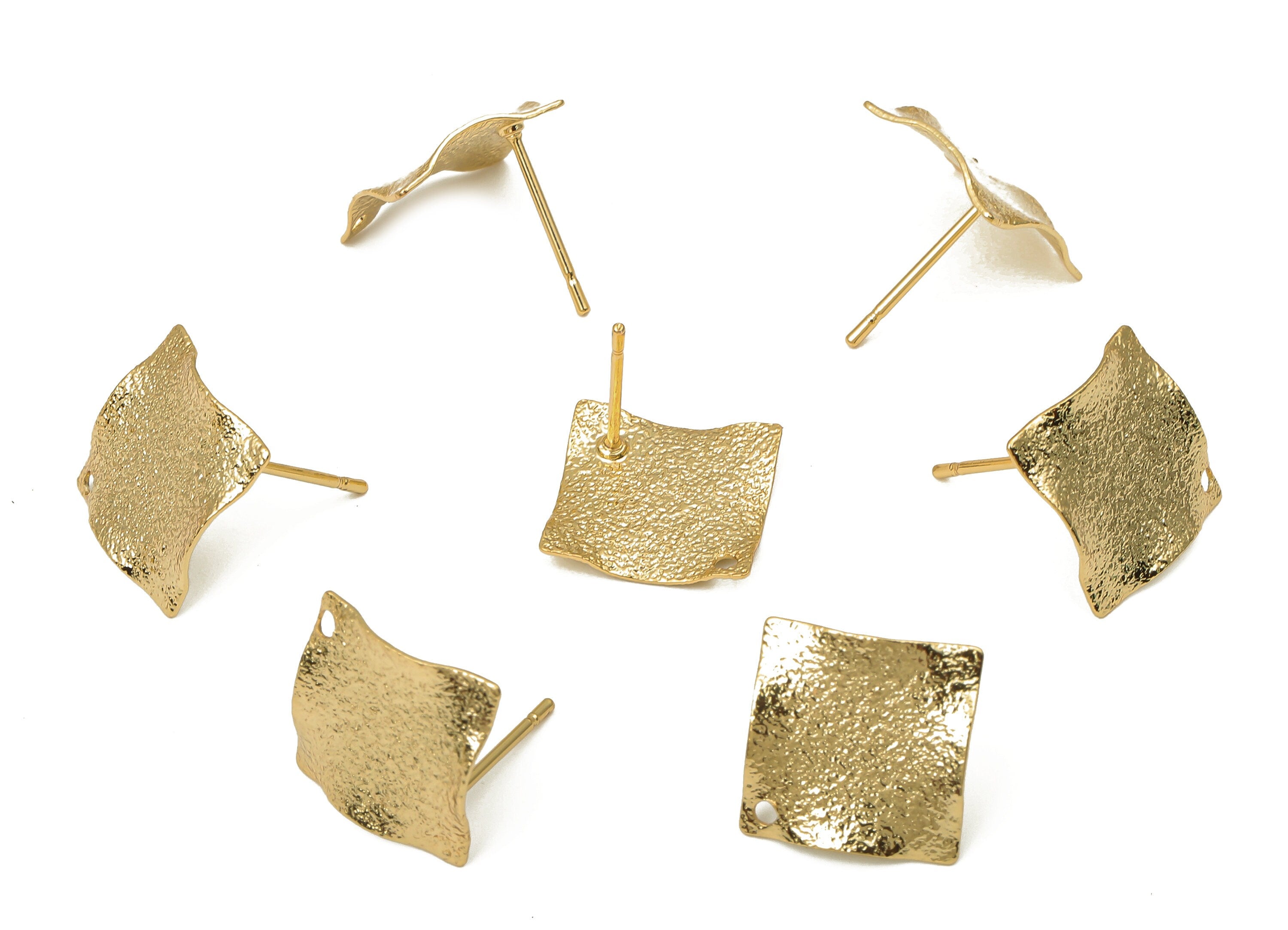 Brass Square Wavy Dots Earring Posts - Brass Spotted Wave Stud - Stainless Steel Stud - 18K Real Gold Plating - 12.56x12.56x0.88mm - RGP5174 - DOMEDBAZAAR