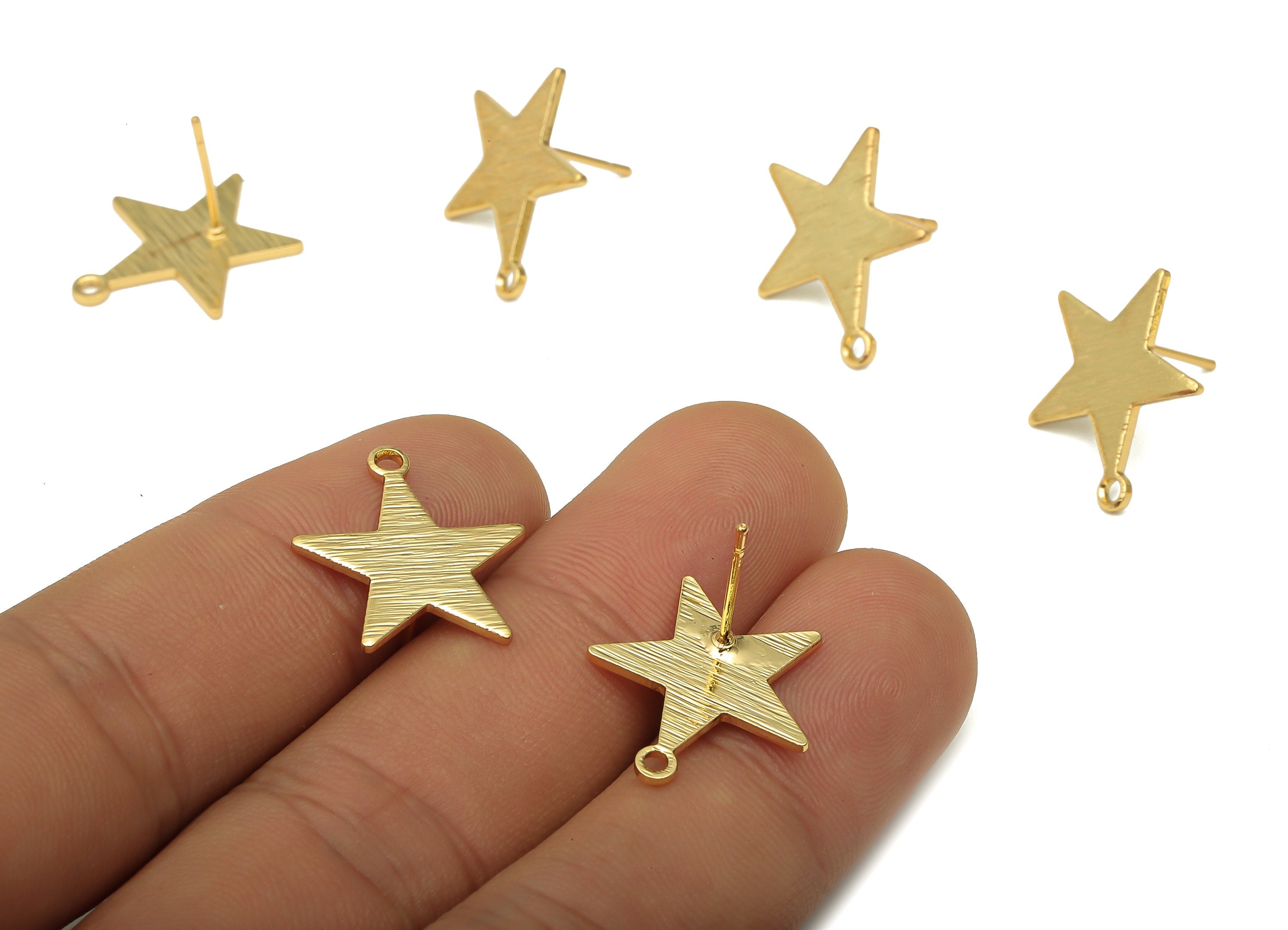 Brass Textured Star Earring Post - Brass Earring Stud With Loop - Stainless Steel Stud - 18K Real Gold Plating - 18.64x17.13x1.1mm - RGP5175 - DOMEDBAZAAR