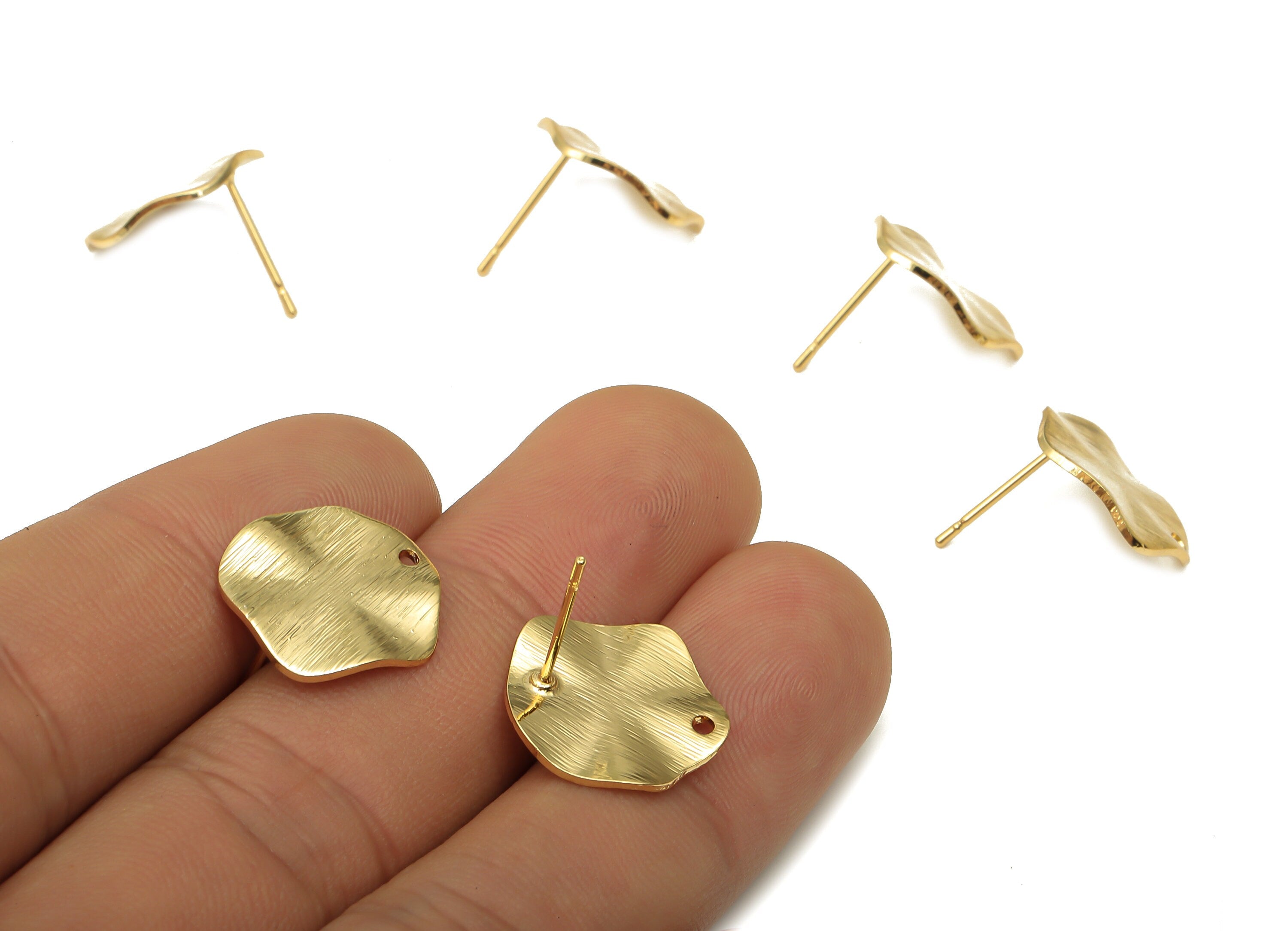 Brass Wave Round Earrings Stud - Gold Plated Brass Wavy Posts - Stainless Steel Stud - 18K Real Gold Plated - 15.63x15.63x0.87mm - RGP5184 - DOMEDBAZAAR