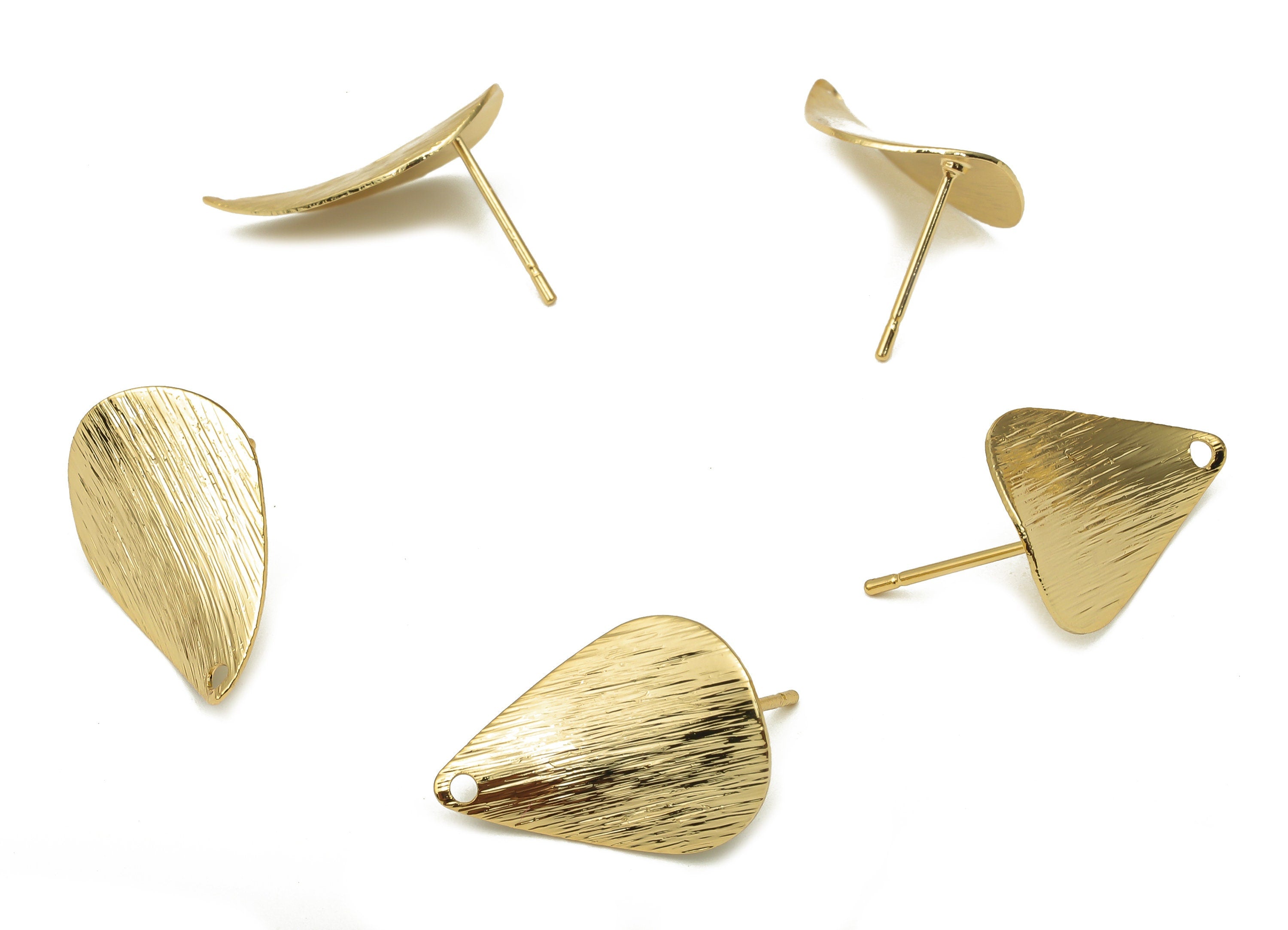 Brass Textured Drop Earring Posts - Brass Teardrop Earring Stud - Stainless Steel Stud - 18K Real Gold Plating - 19.48x13.3x0.42mm - RGP5186 - DOMEDBAZAAR