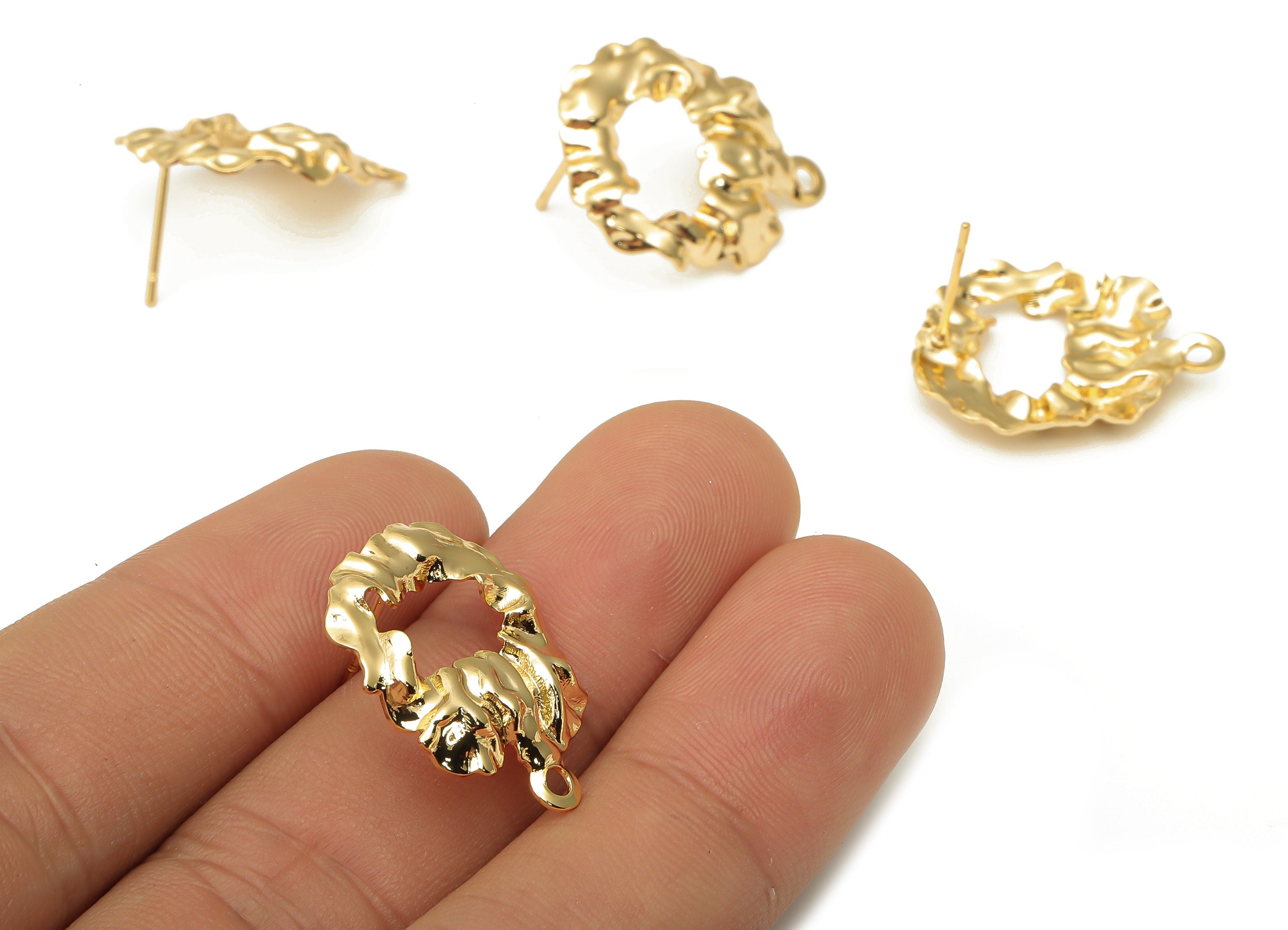 Brass Dainty Earrings Stud - Gold Irregular Post With Loop - Stainless Steel Stud - 18K Real Gold Plating - 23.28x18.66x1.23mm - RGP5191 - DOMEDBAZAAR