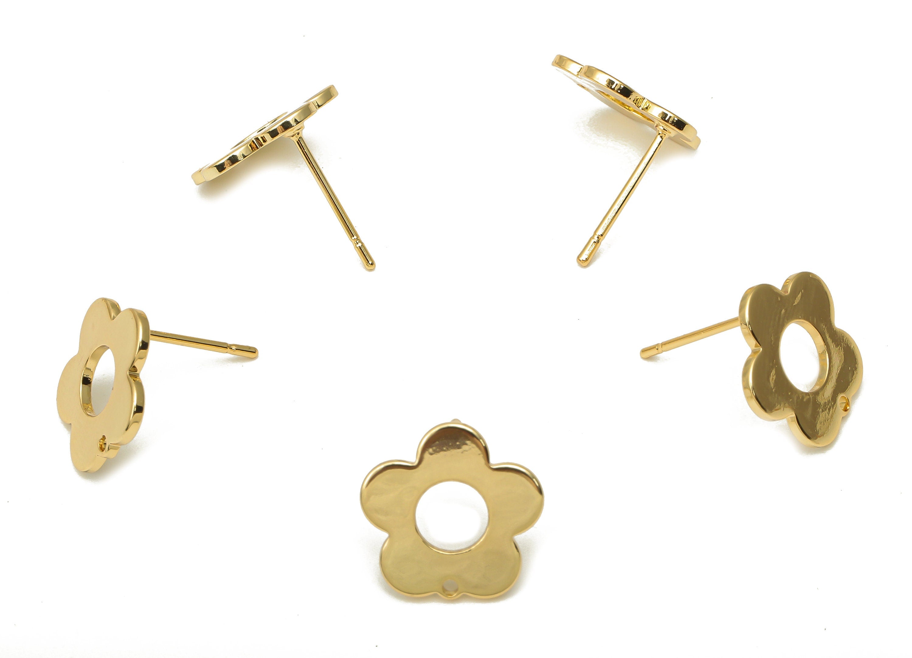Brass Flower Earring Posts - Brass Flower Earring Stud - Stainless Steel Stud - 18K Real Gold Plating - 13.18x13.18x1.02mm - RGP5194 - DOMEDBAZAAR