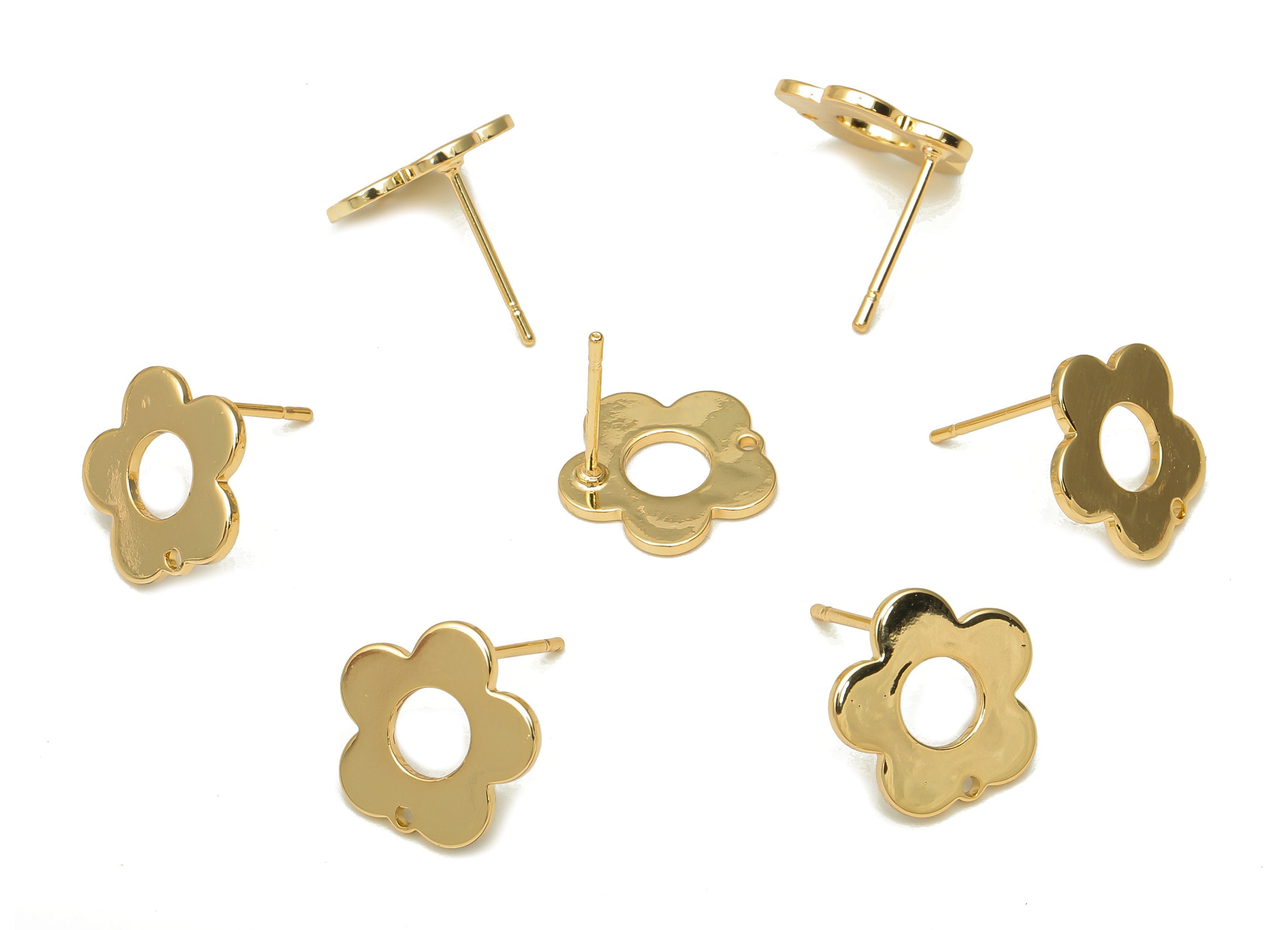 Brass Flower Earring Posts - Brass Flower Earring Stud - Stainless Steel Stud - 18K Real Gold Plating - 13.18x13.18x1.02mm - RGP5194 - DOMEDBAZAAR