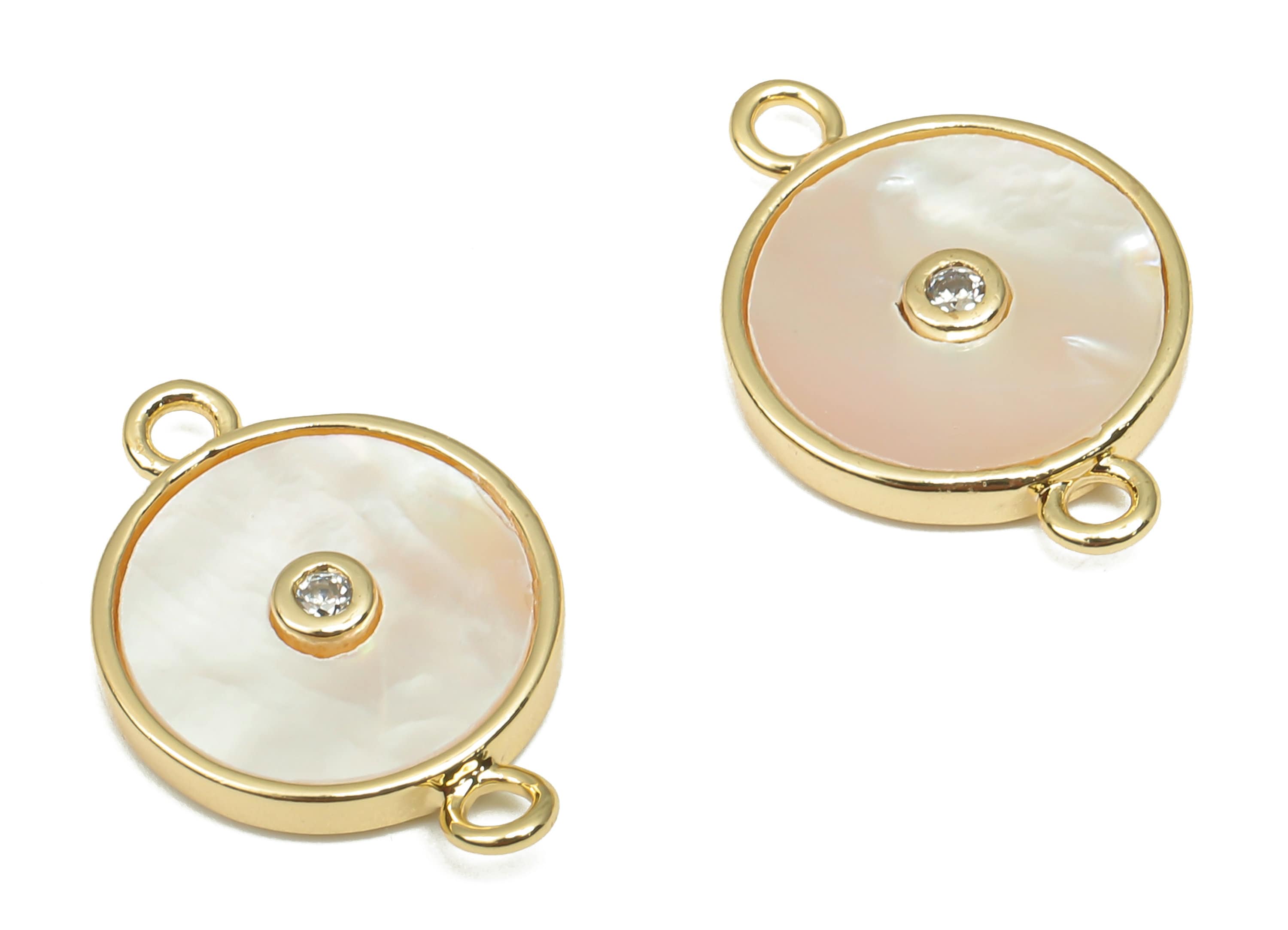 Brass Round Disc Connector - CZ Paved MOP Shell Zircon Charm - 18K Real Gold Plating - Mother of Pearl For Bracelet -16.9x11.7x2.4mm-RGP4602 - DOMEDBAZAAR