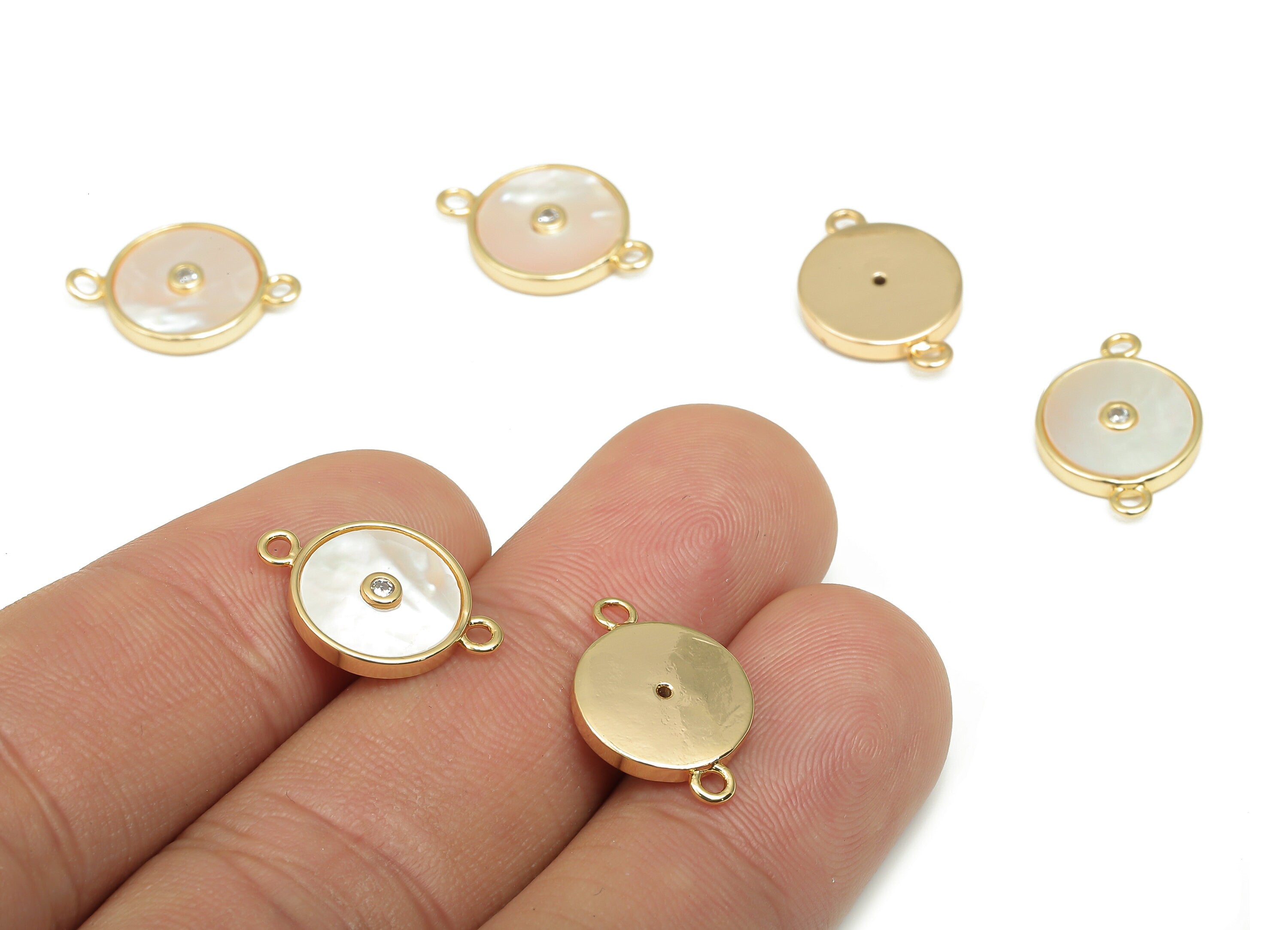 Brass Round Disc Connector - CZ Paved MOP Shell Zircon Charm - 18K Real Gold Plating - Mother of Pearl For Bracelet -16.9x11.7x2.4mm-RGP4602 - DOMEDBAZAAR