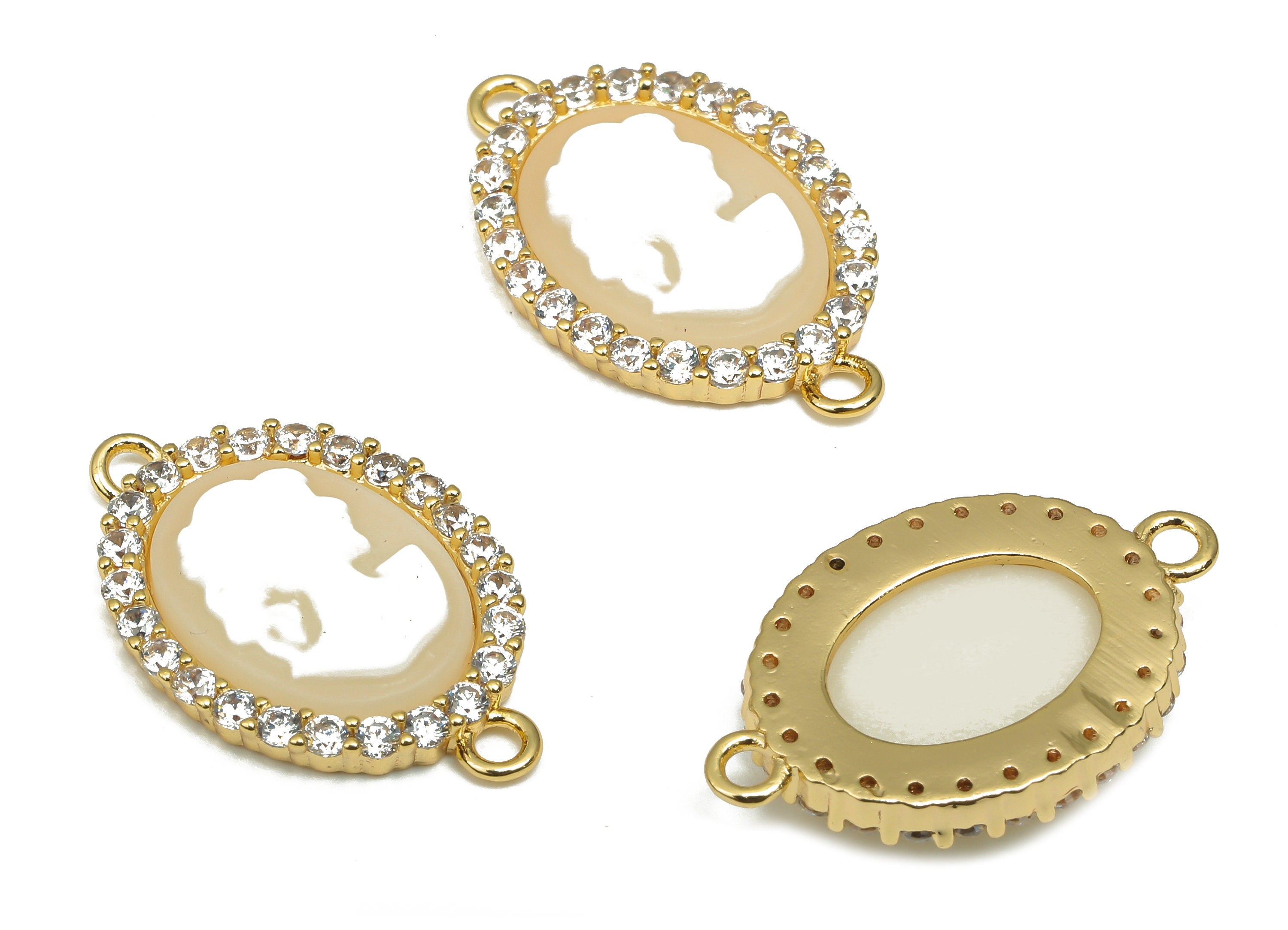 Brass Oval Resin Queen Connectors - CZ Paved Oval Lady Charm - 18K Real Gold Plated Brass Woman Charms - 22.2x13.96x3.55mm - RGP4617 - DOMEDBAZAAR