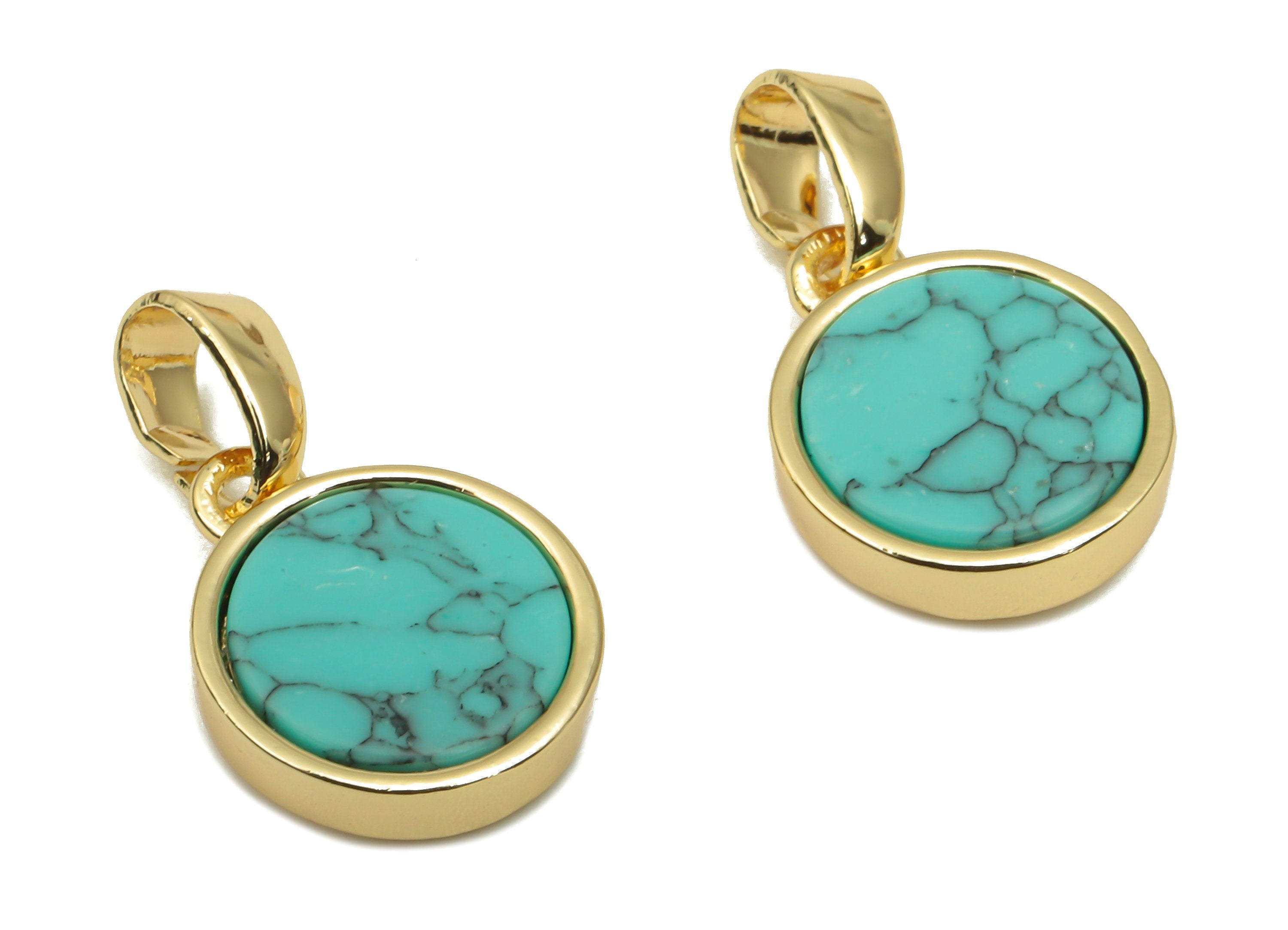 Brass Round Blue Stone Pendants - Synthetic Stone Pendant - 18K Real Gold Plated Brass - For Necklace - 16.27x9.75x2.65mm - RGP4619B - DOMEDBAZAAR