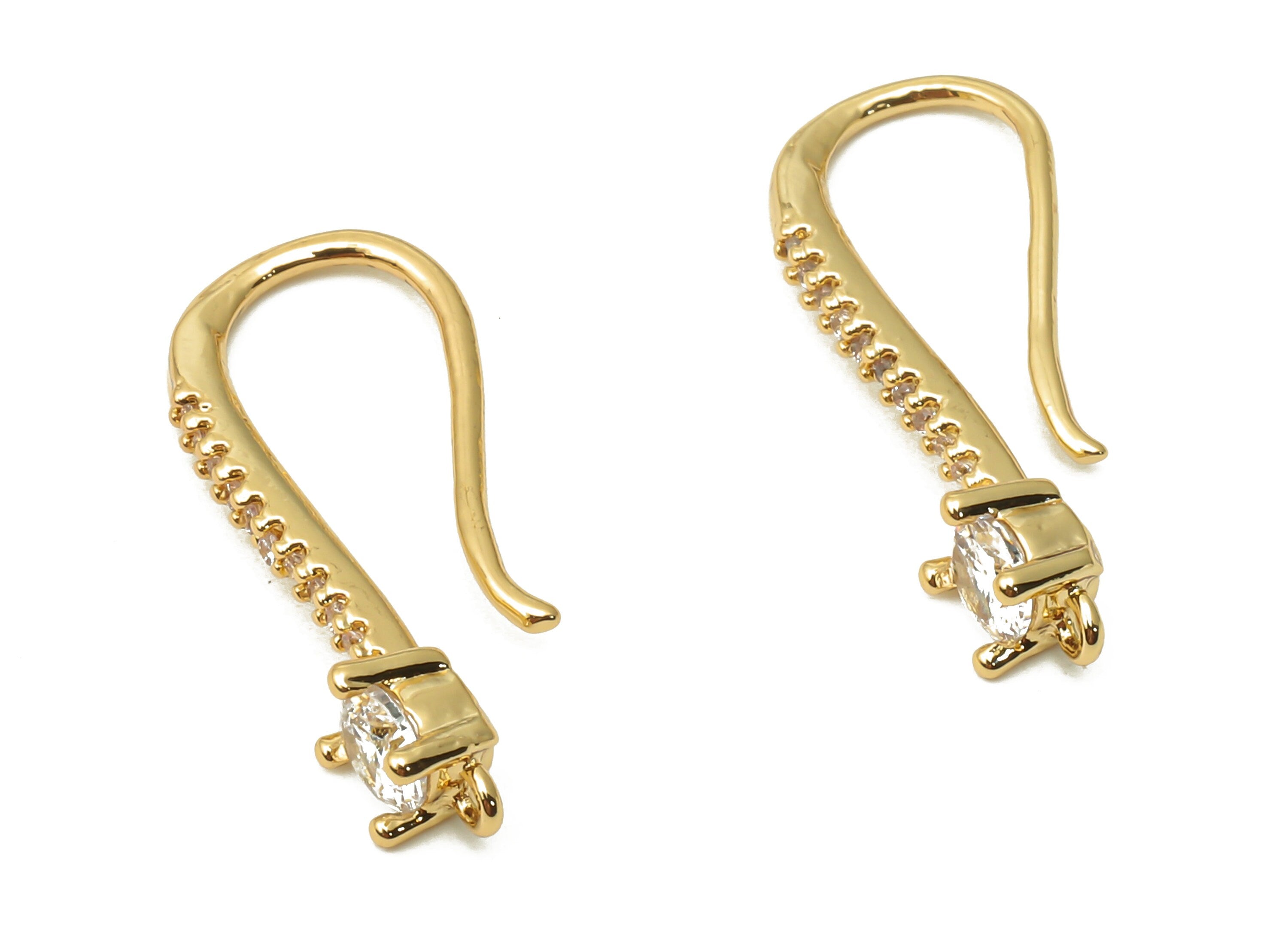 Brass Earrings Wires - Brass Long Bean Earrings Hooks With Zircon - Solitaire Earrings - 18K Real Gold Plated - 22.82x10.44x1.55mm - RGP5030 - DOMEDBAZAAR