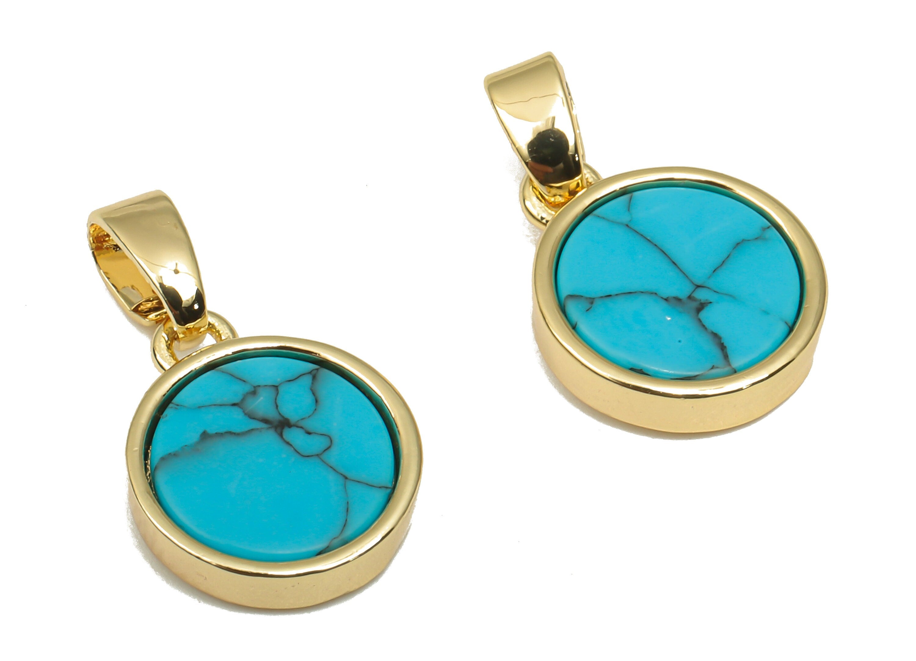 Brass Round Blue Stone Pendants - Synthetic Stone Pendant - 18K Real Gold Plated Brass - For Necklace - 16.27x9.75x2.65mm - RGP4619C - DOMEDBAZAAR