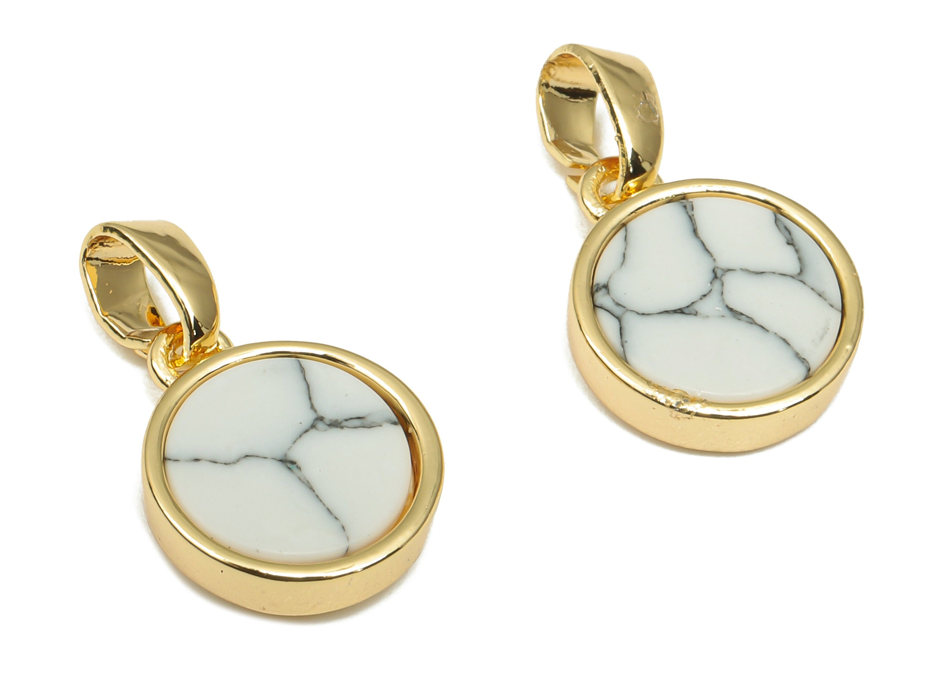 Brass Round White Stone Pendants - Synthetic Stone Pendant - 18K Real Gold Plated Brass - For Necklace - 16.27x9.75x2.65mm - RGP4619D - DOMEDBAZAAR