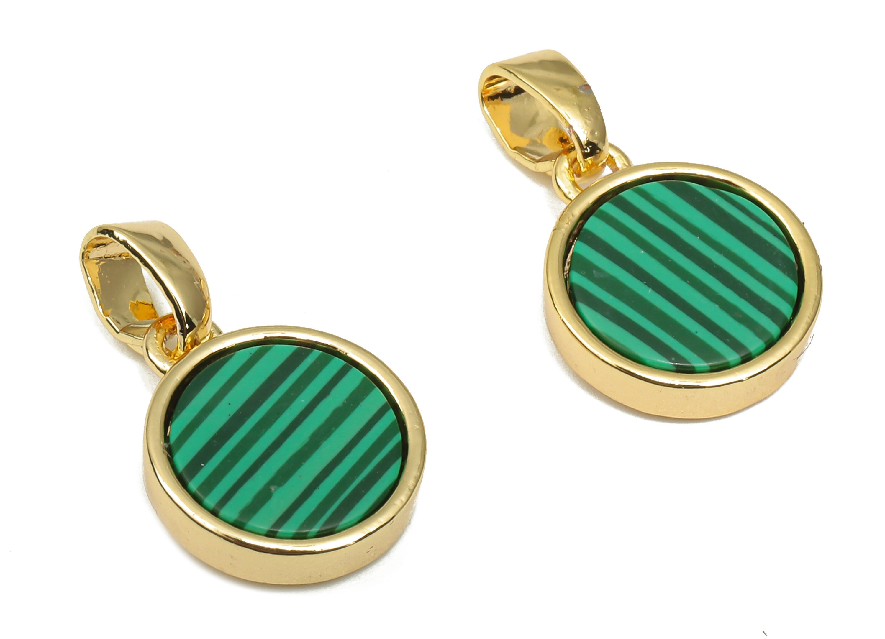 Brass Round Green Stone Pendants - Synthetic Stone Pendant - 18K Real Gold Plated Brass - For Necklace - 16.27x9.75x2.65mm - RGP4619E - DOMEDBAZAAR