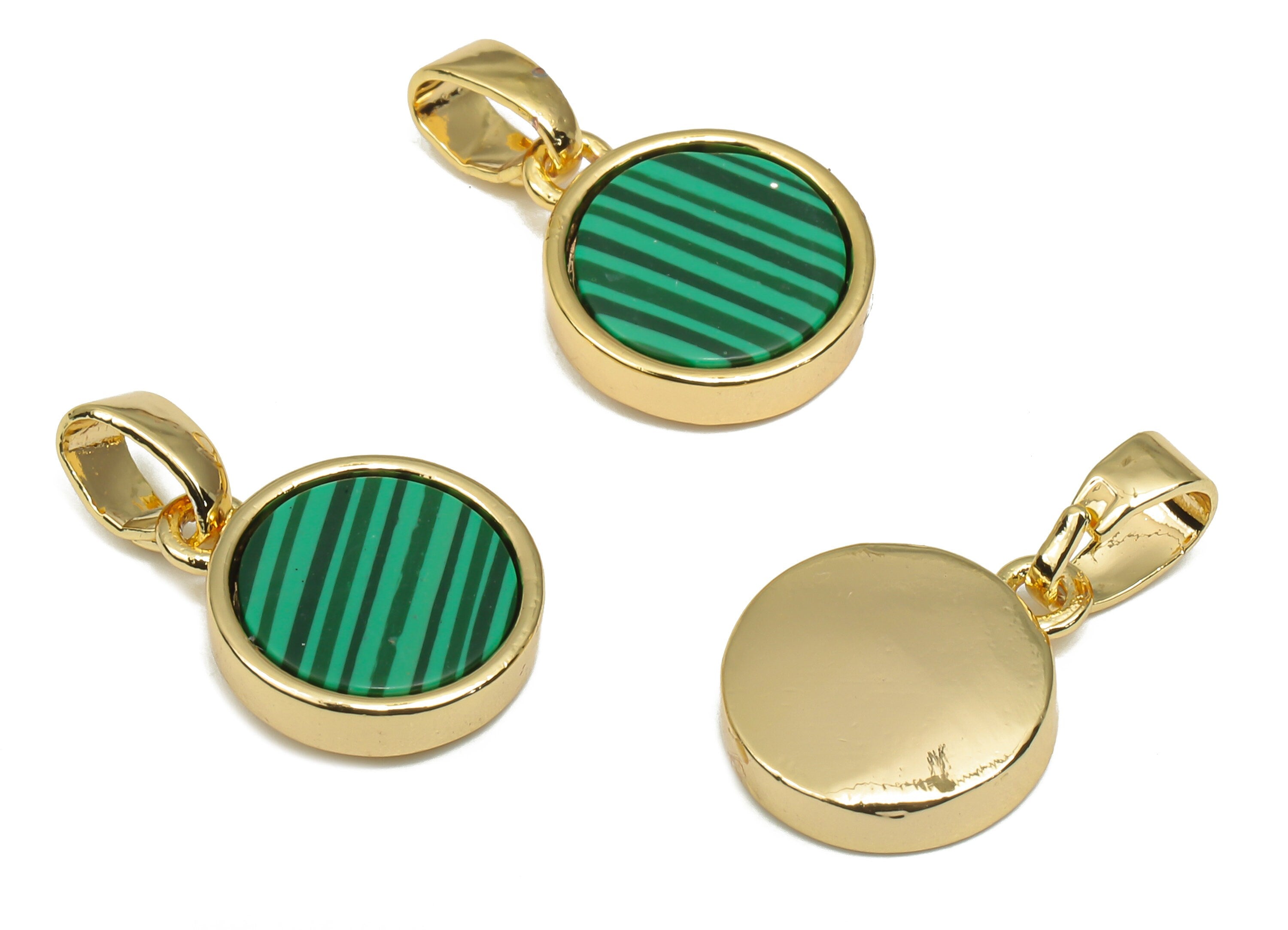 Brass Round Green Stone Pendants - Synthetic Stone Pendant - 18K Real Gold Plated Brass - For Necklace - 16.27x9.75x2.65mm - RGP4619E - DOMEDBAZAAR