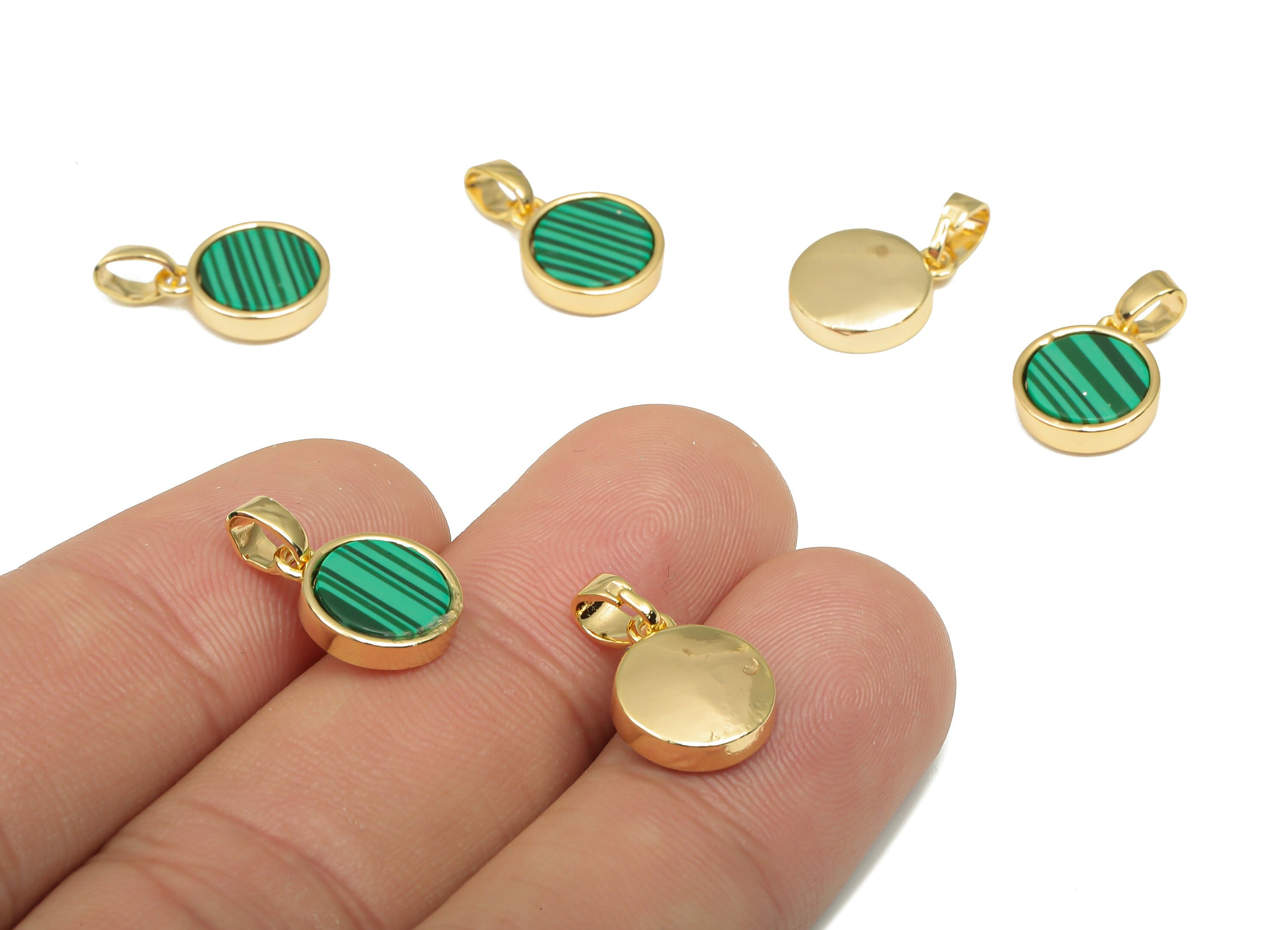 Brass Round Green Stone Pendants - Synthetic Stone Pendant - 18K Real Gold Plated Brass - For Necklace - 16.27x9.75x2.65mm - RGP4619E - DOMEDBAZAAR