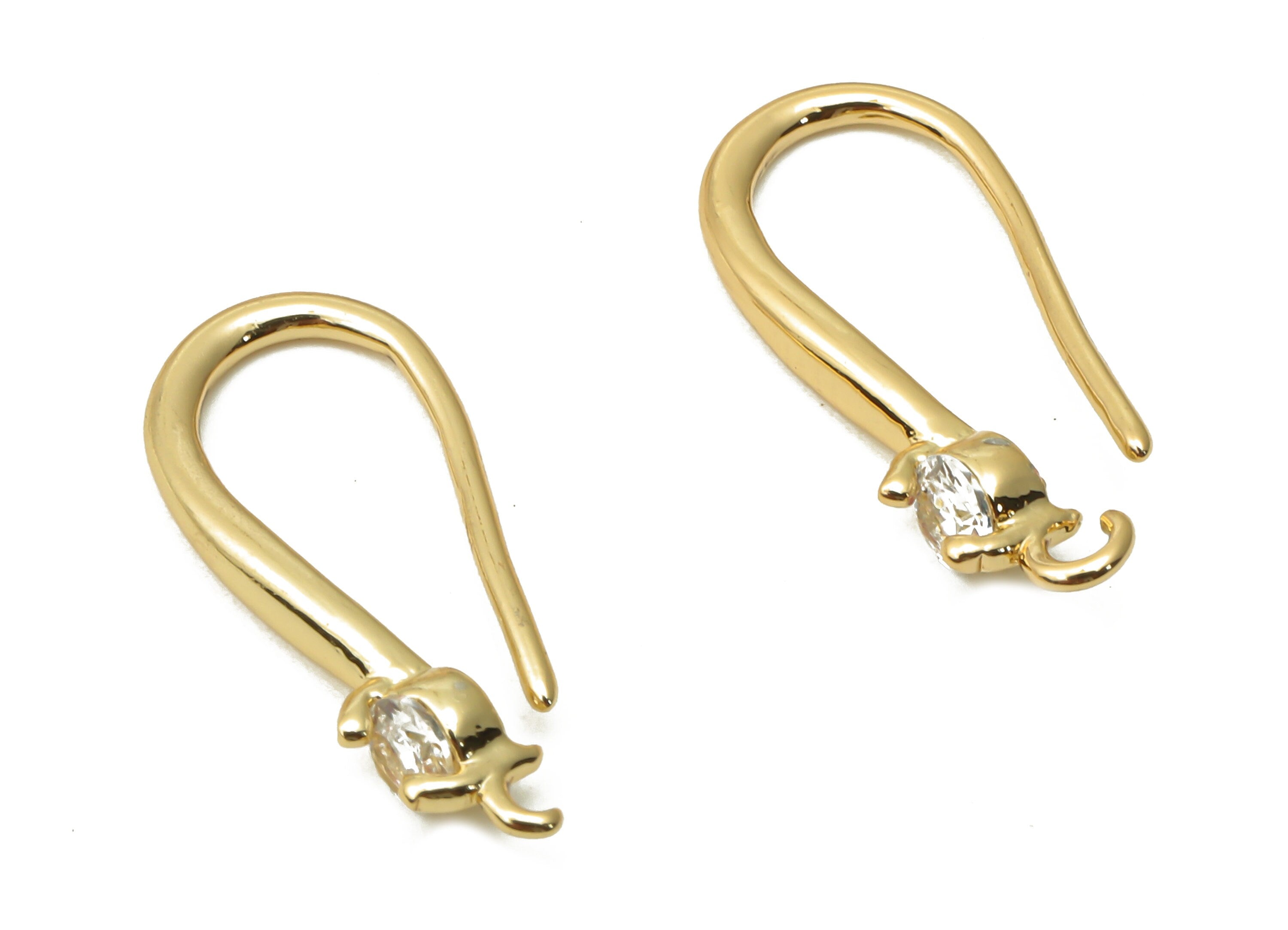 Brass Earrings Wire With Zircon - Brass Earrings Hook - Brass Solitaire Earring Finding - 18K Real Gold Plated - 18.47x8.12x1.89mm - RGP5033 - DOMEDBAZAAR