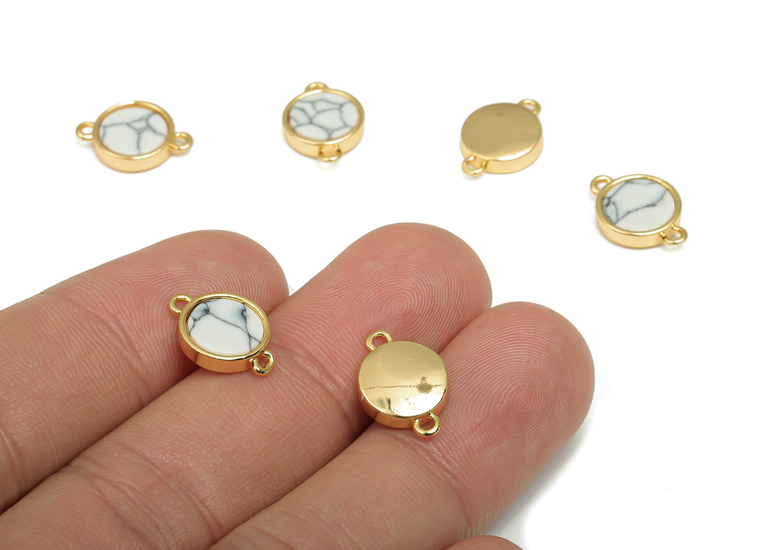 Brass Round White Stone Connectors - Synthetic White Stone Circle Connector - 18K Real Gold Plated Brass - 14.48x9.93x2.83mm - RGP4624B - DOMEDBAZAAR