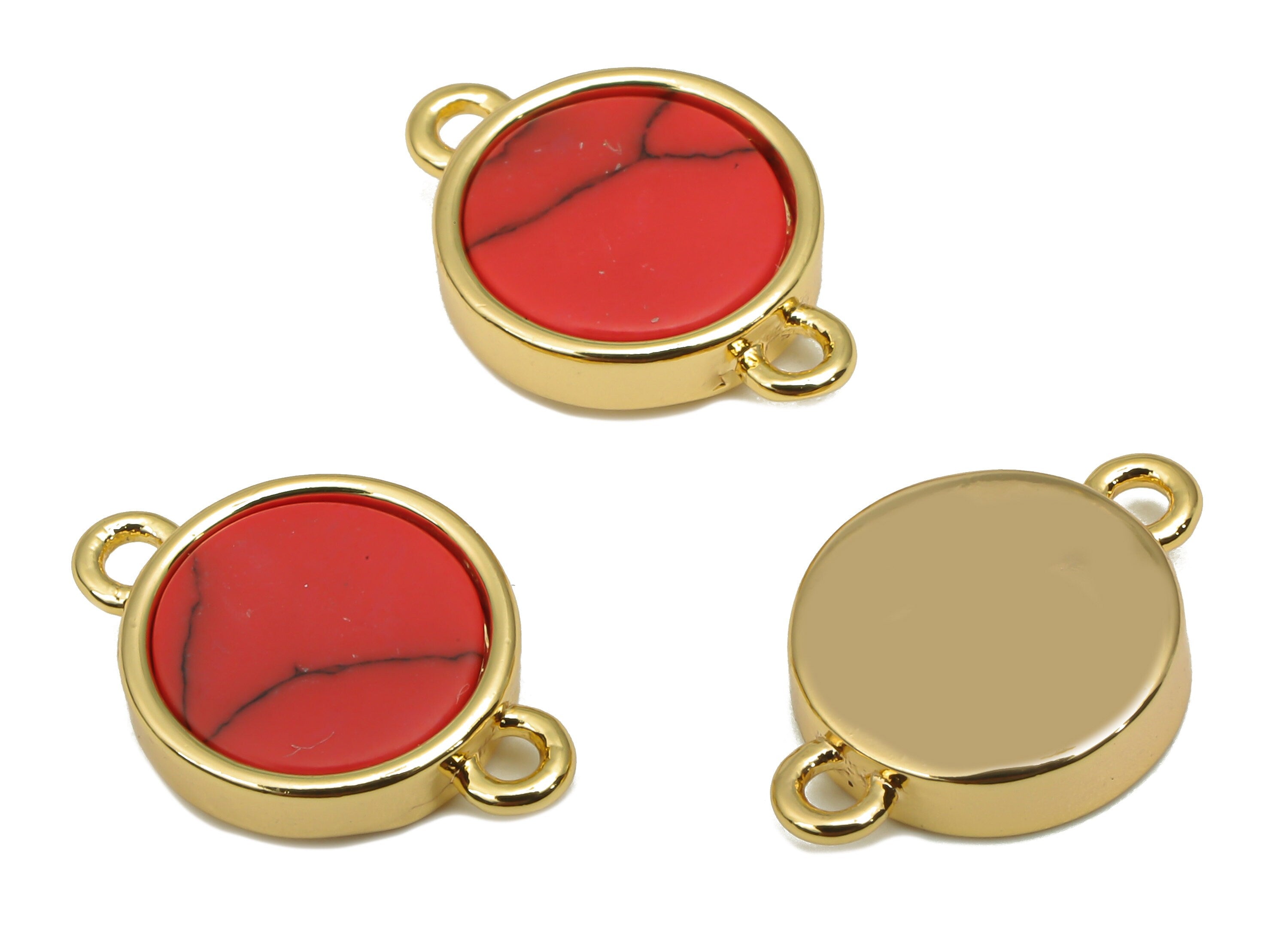 Brass Round Red Stone Connectors - Synthetic Red Stone Circle Connector - 18K Real Gold Plated Brass - 14.48x9.93x2.83mm - RGP4624C - DOMEDBAZAAR