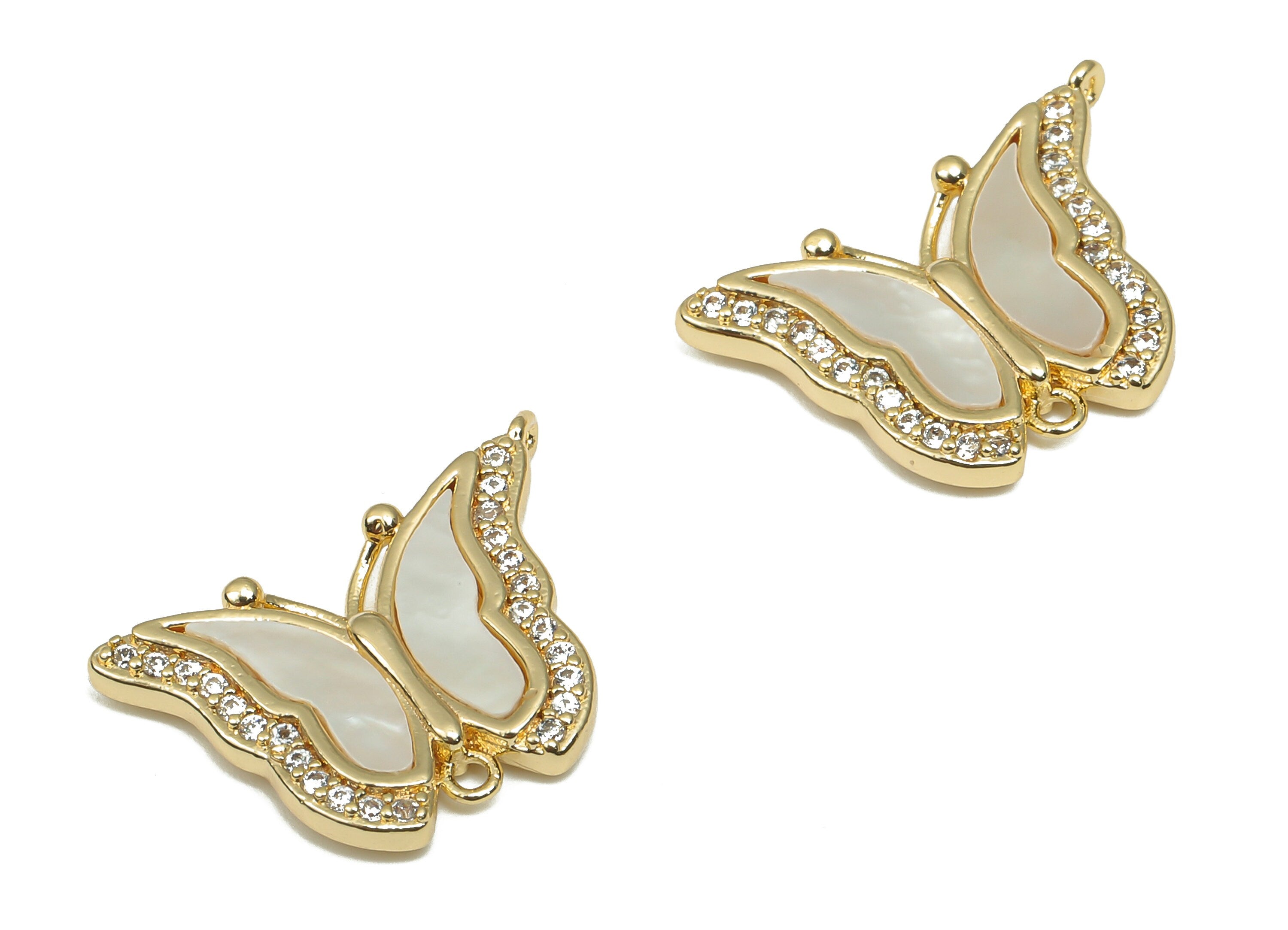 Brass MOP Shell Butterfly Charm - CZ Paved Zircon Connector - 18K Real Gold Plating - Mother of Pearl For Necklace - 19.1x13x2.4mm - RGP4627 - DOMEDBAZAAR