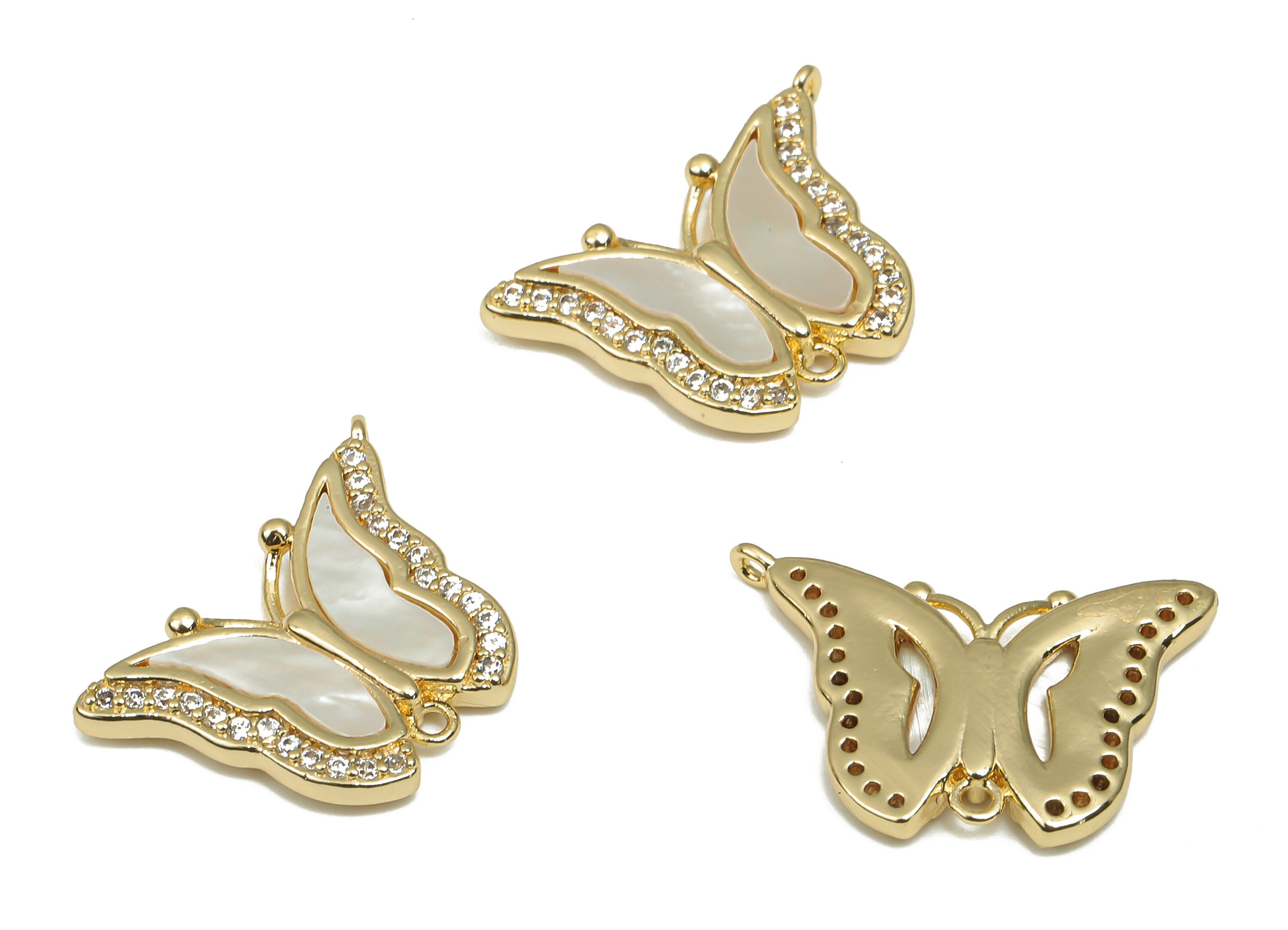 Brass MOP Shell Butterfly Charm - CZ Paved Zircon Connector - 18K Real Gold Plating - Mother of Pearl For Necklace - 19.1x13x2.4mm - RGP4627 - DOMEDBAZAAR