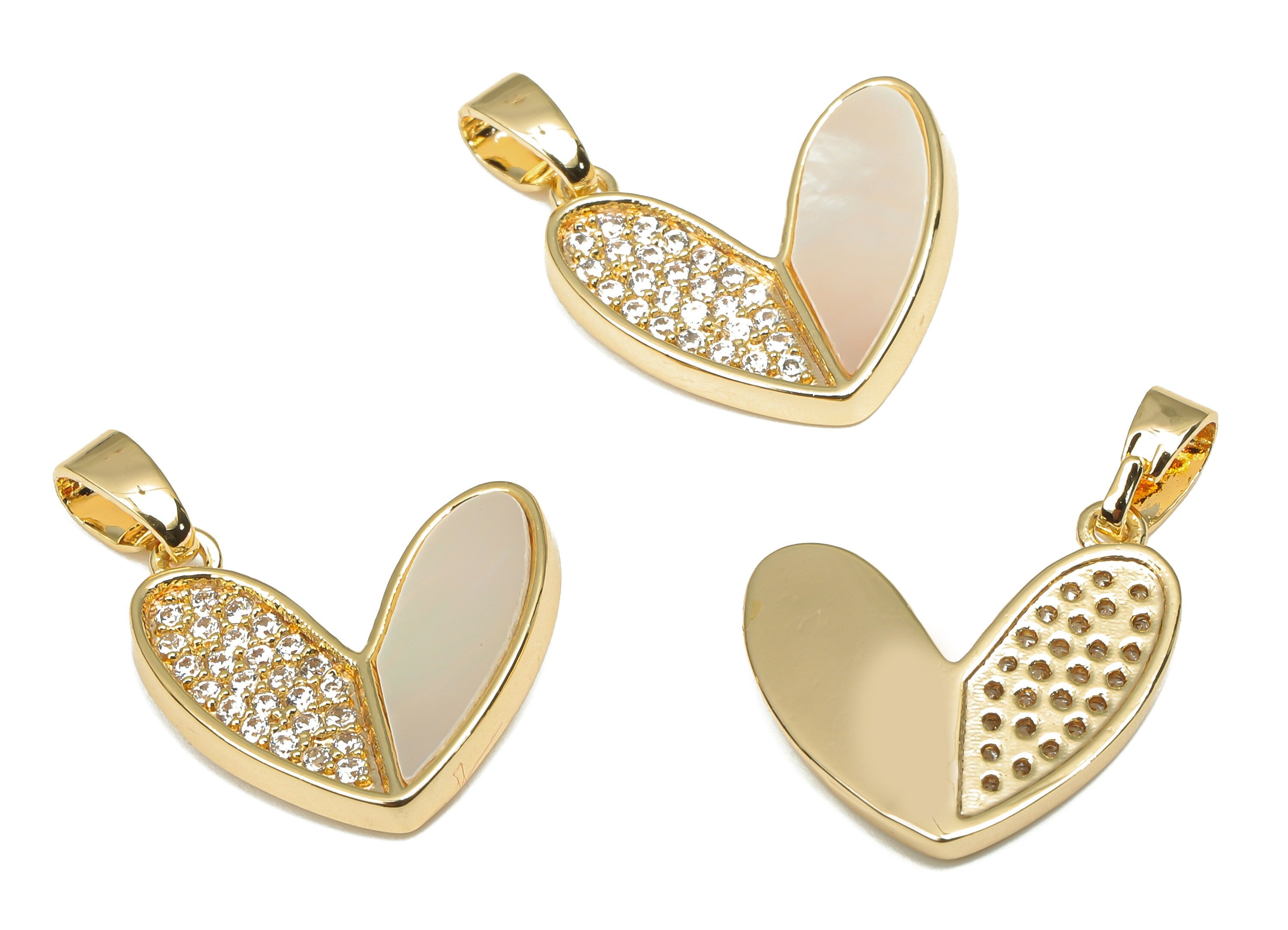 Brass MOP Shell Heart Pendant - CZ Paved Zircon Pendant - 18K Real Gold Plating - Mother of Pearl For Necklace - 19.8x15.3x2mm - RGP4629 - DOMEDBAZAAR