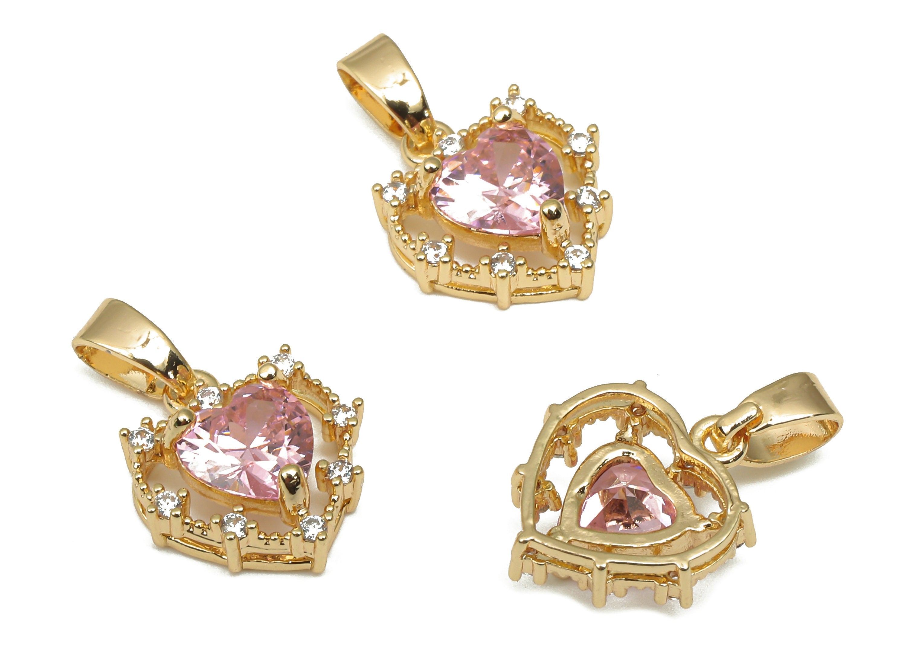 Brass Heart Pendants - CZ Paved Pink Heart Zircon Pendant - 18K Real Gold Plated Brass - For Necklace - 16.44x11.13x3.97mm - RGP4633 - DOMEDBAZAAR