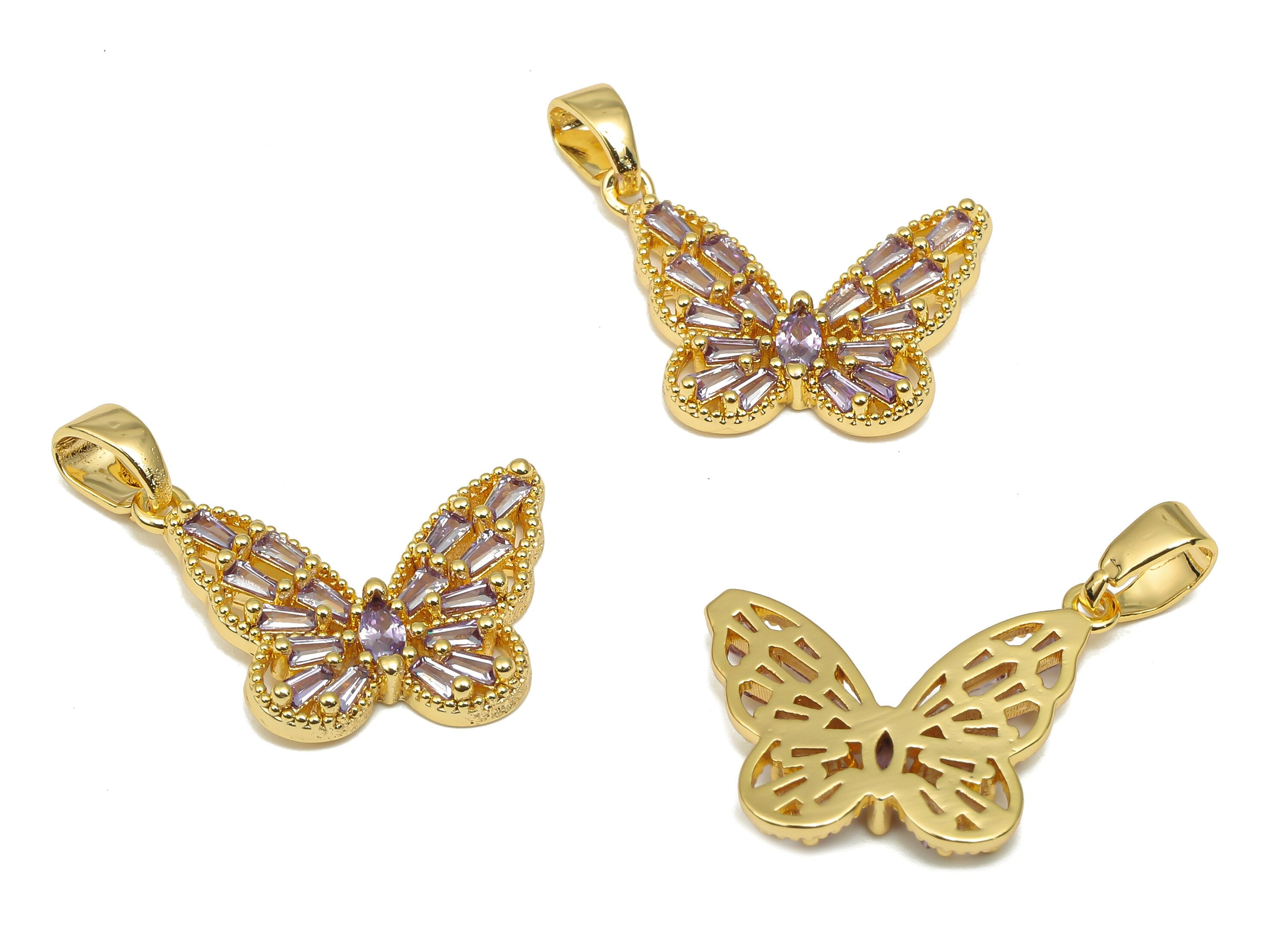 Brass Butterfly Pendants - CZ Paved Purple Zircon Pendant - 18K Real Gold Plated Brass Pendant - For Necklace - 34.48x17.75x2.06mm - RGP4636 - DOMEDBAZAAR