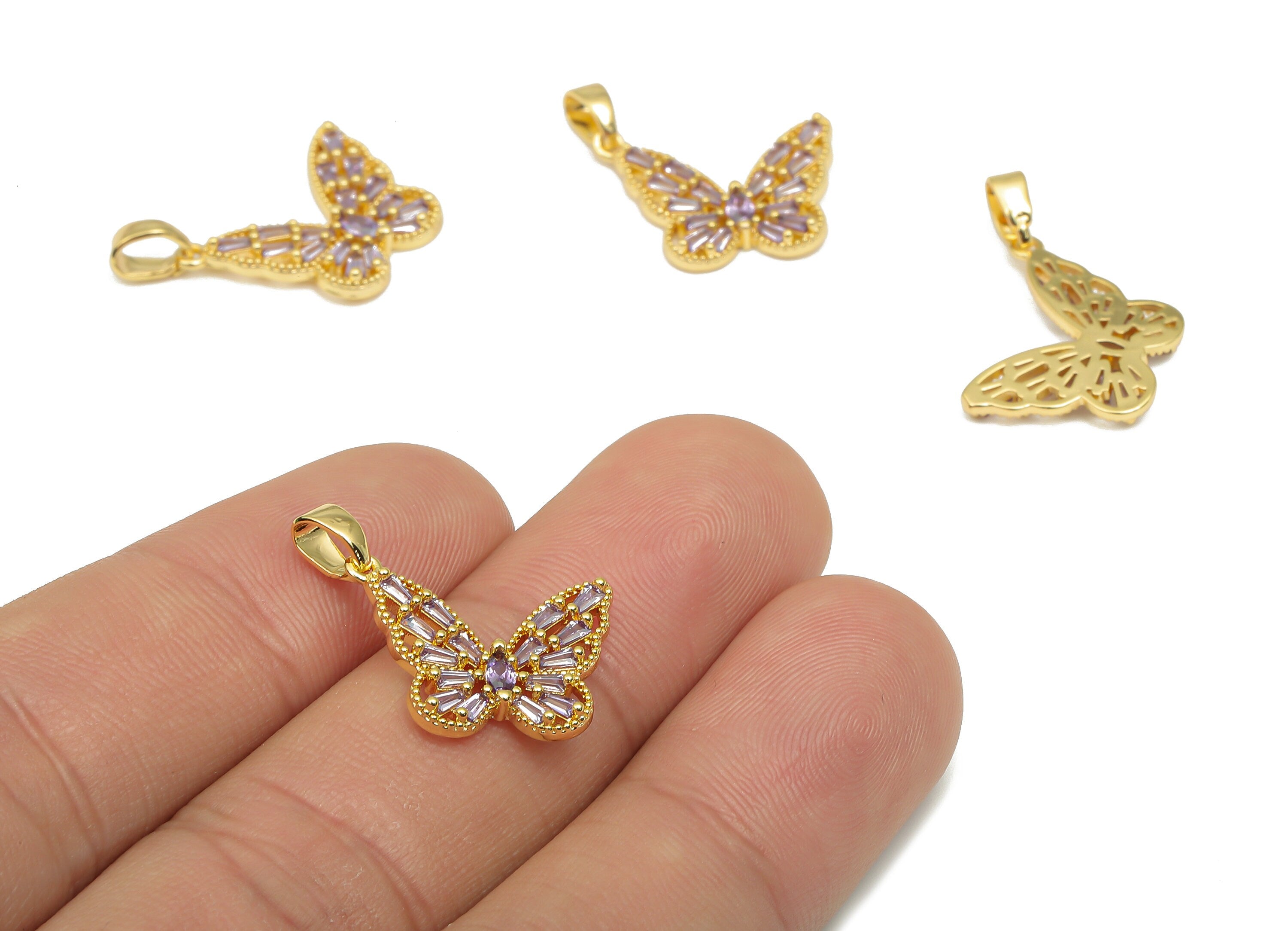 Brass Butterfly Pendants - CZ Paved Purple Zircon Pendant - 18K Real Gold Plated Brass Pendant - For Necklace - 34.48x17.75x2.06mm - RGP4636 - DOMEDBAZAAR