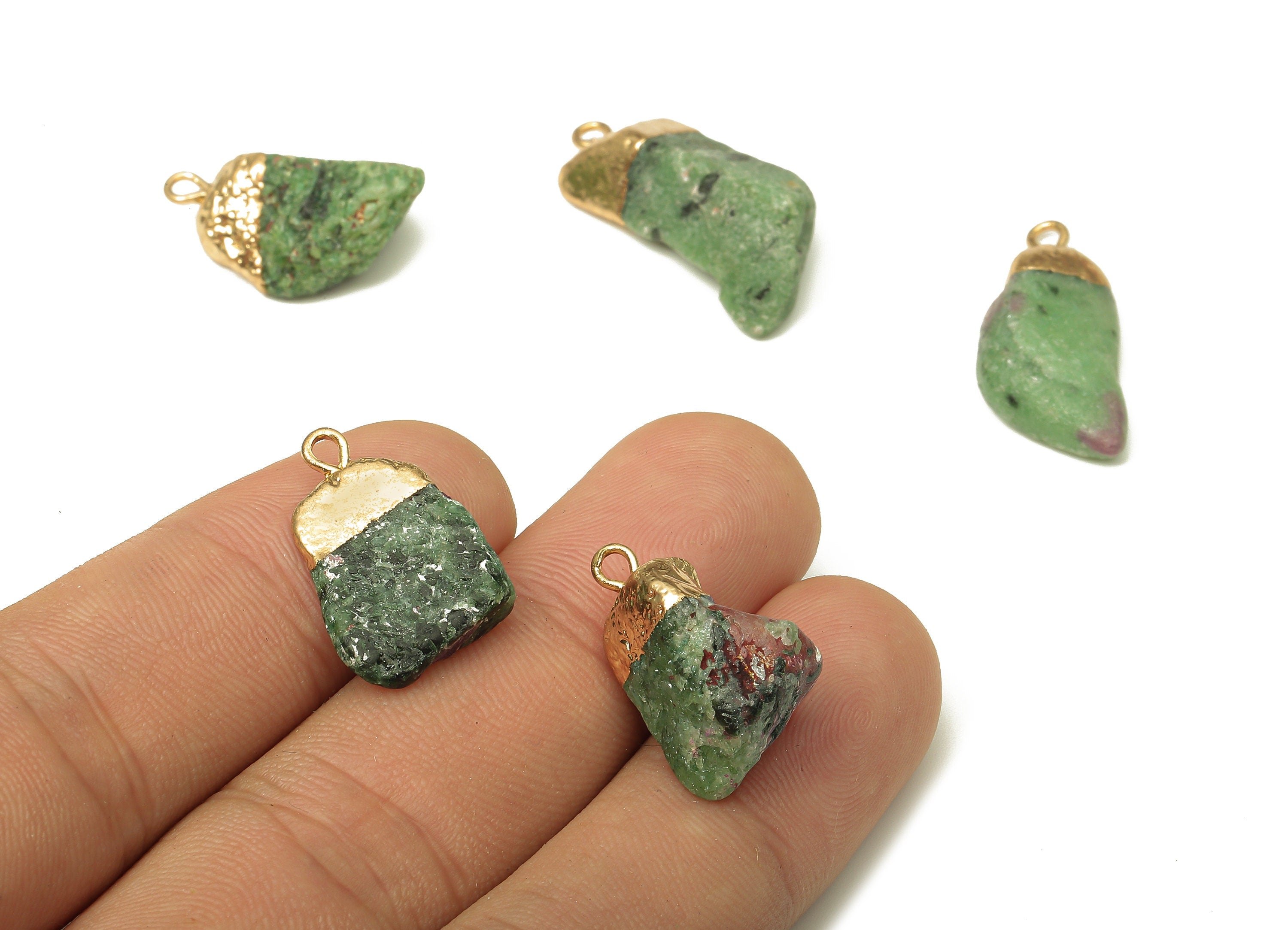 Natural Stone Earrings - Brass Irregular Earring Charms - Red and Green Treasure Pendant - Gold Tone Plating - 22.09x14.07x8.89mm - NS1865B - DOMEDBAZAAR