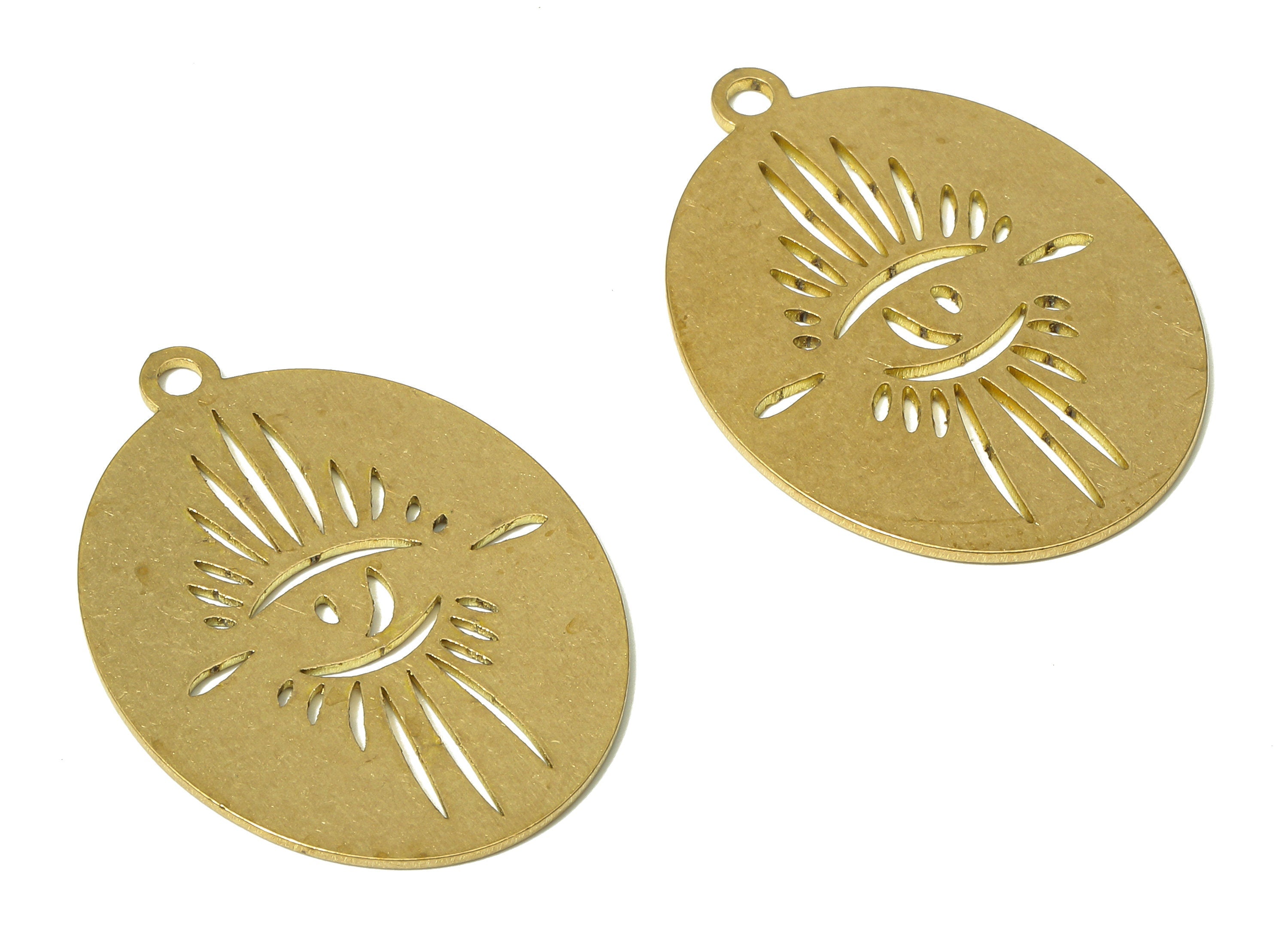 Brass Oval Eye Earring Charm - Raw Brass Eyelash Cutout Pendant With Loop - Sun Eye - Jewelry Making Supplies - 28.97x21x0.68mm - PPA4857 - DOMEDBAZAAR