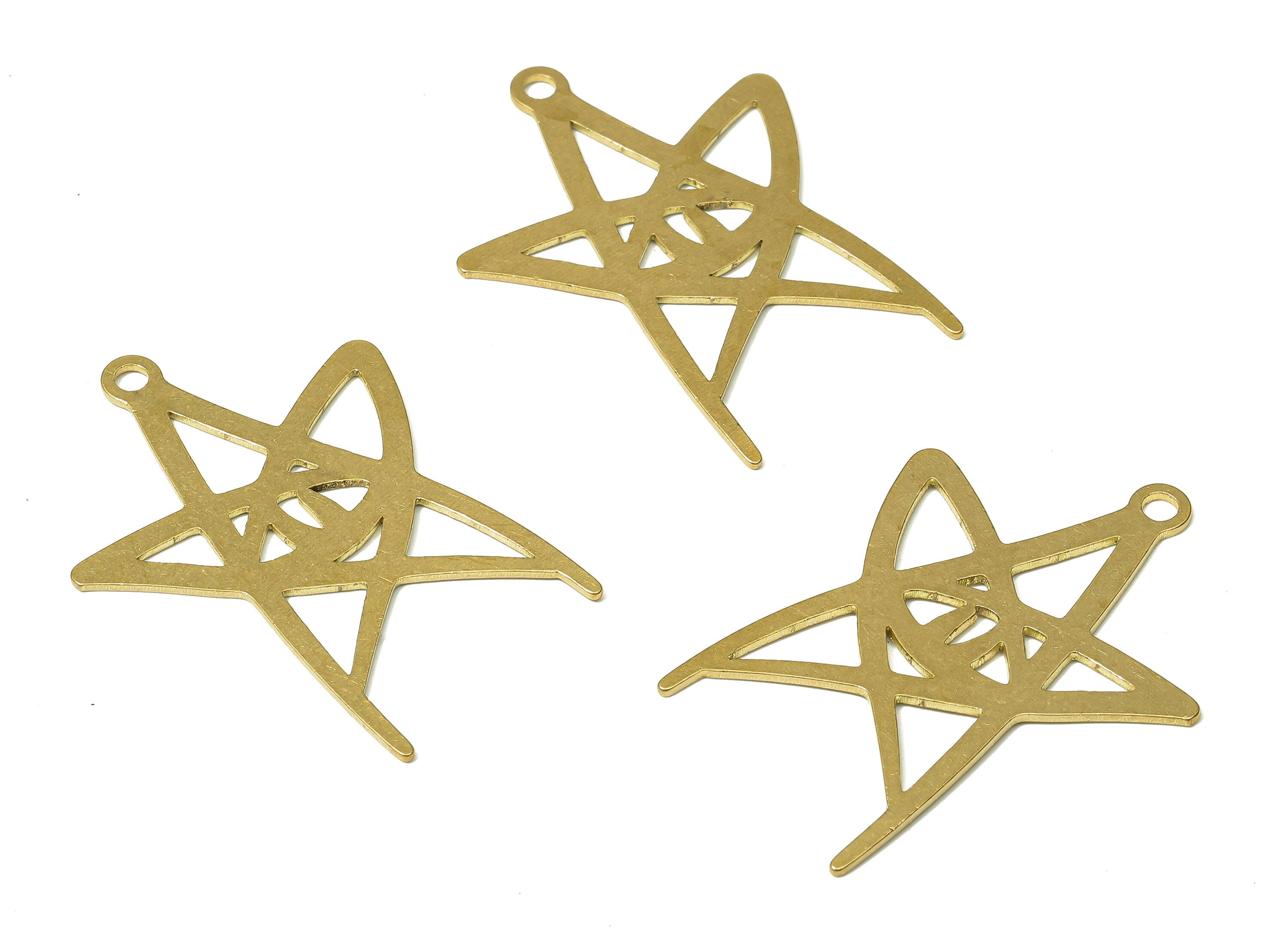Brass Shooting Star Earring Charm - Raw Brass Irregular Falling Star Cutout Pendant - Hollow Happy Star - 34.39x25.81x0.67mm - PPA4868 - DOMEDBAZAAR