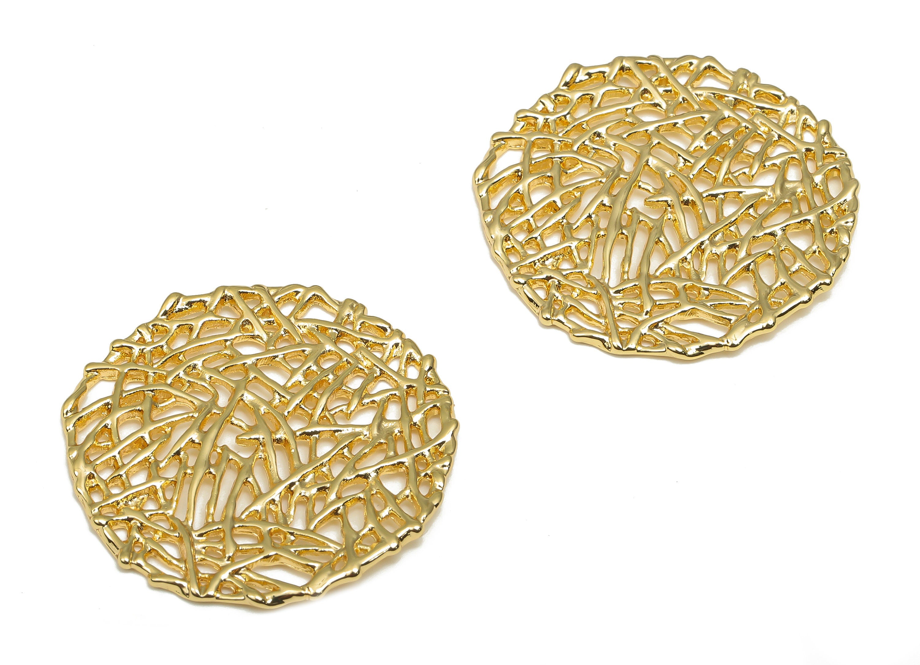 Brass Round Web Earrings Charm - Brass Circle Cobweb Mesh Wire Charms - 18K Real Gold Plated Brass - 28.19x28.19x1.39mm - RGP4639 - DOMEDBAZAAR