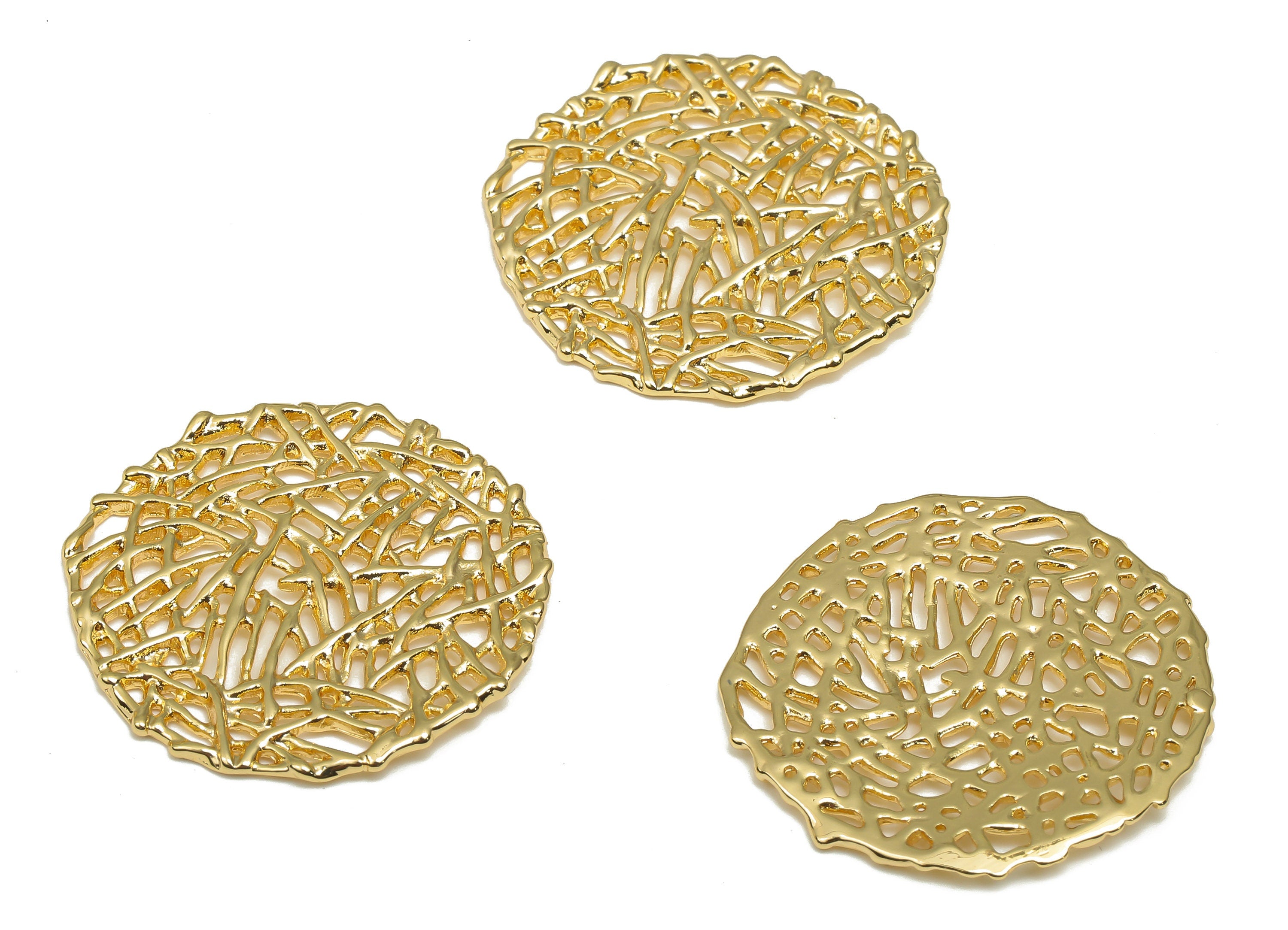 Brass Round Web Earrings Charm - Brass Circle Cobweb Mesh Wire Charms - 18K Real Gold Plated Brass - 28.19x28.19x1.39mm - RGP4639 - DOMEDBAZAAR