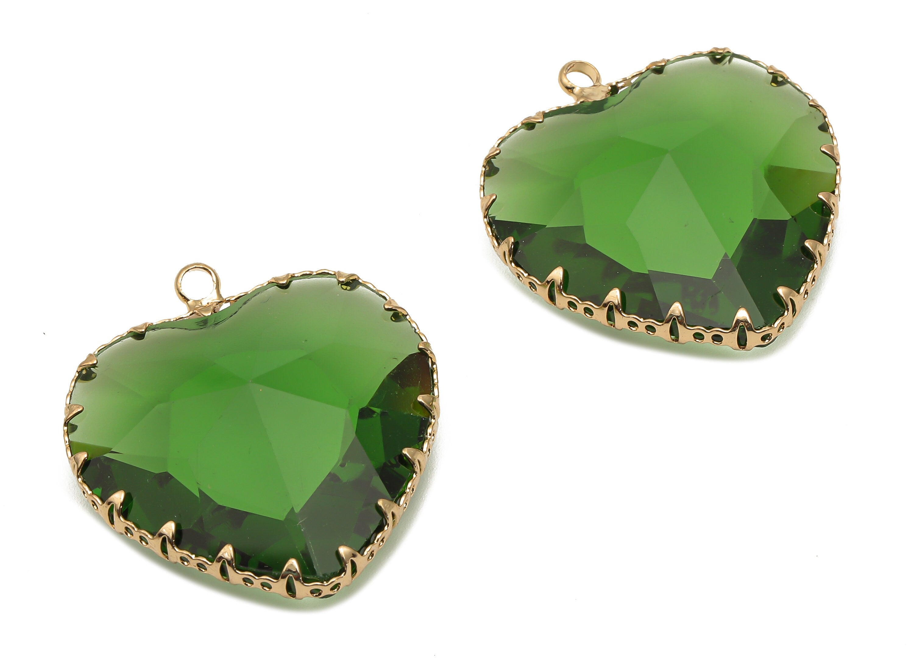 Faceted Glass Heart Charms - Green Glass Heart Charm With Loop - Gold Tone Plated Brass Pendant - Modern Jewelry -31.04x27.94x9.64mm-GS1149A - DOMEDBAZAAR