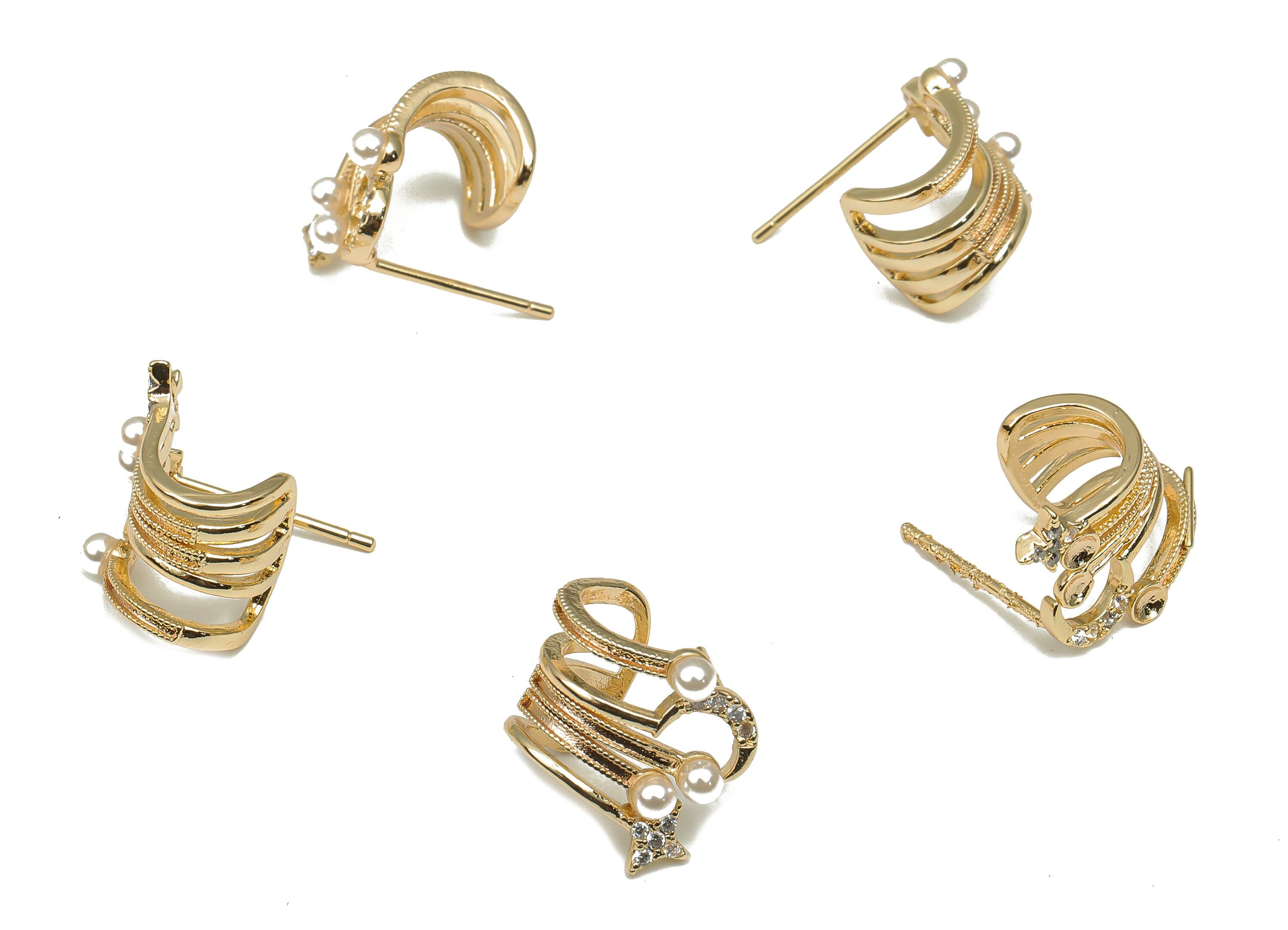 Brass Crescent Stud Earring - Brass Stud Star Earring with Zircon - Mother of Pearl Earrings - Earring Post - 13.38x12.82x3.2mm - RGP4649 - DOMEDBAZAAR