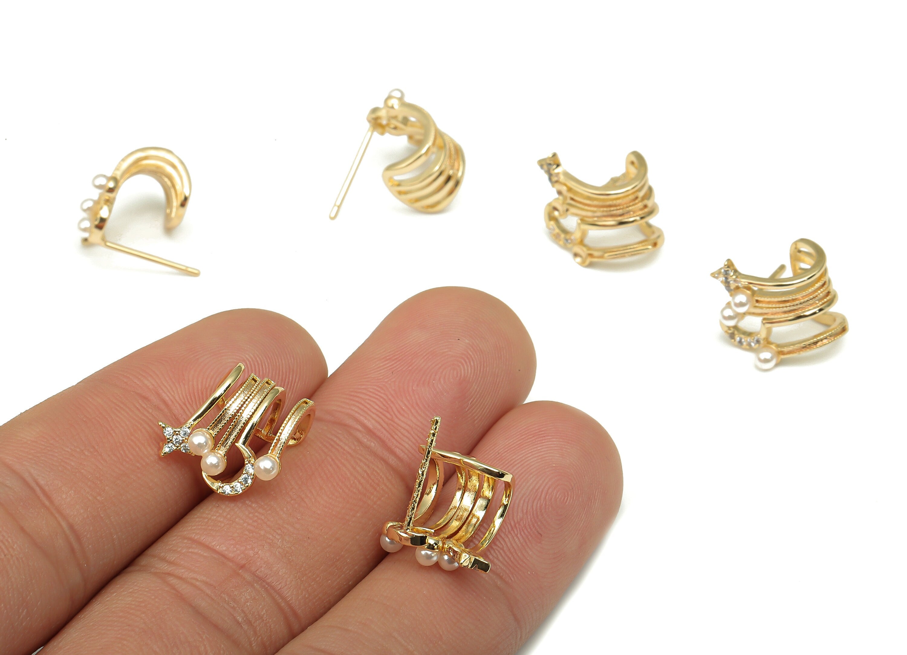 Brass Crescent Stud Earring - Brass Stud Star Earring with Zircon - Mother of Pearl Earrings - Earring Post - 13.38x12.82x3.2mm - RGP4649 - DOMEDBAZAAR