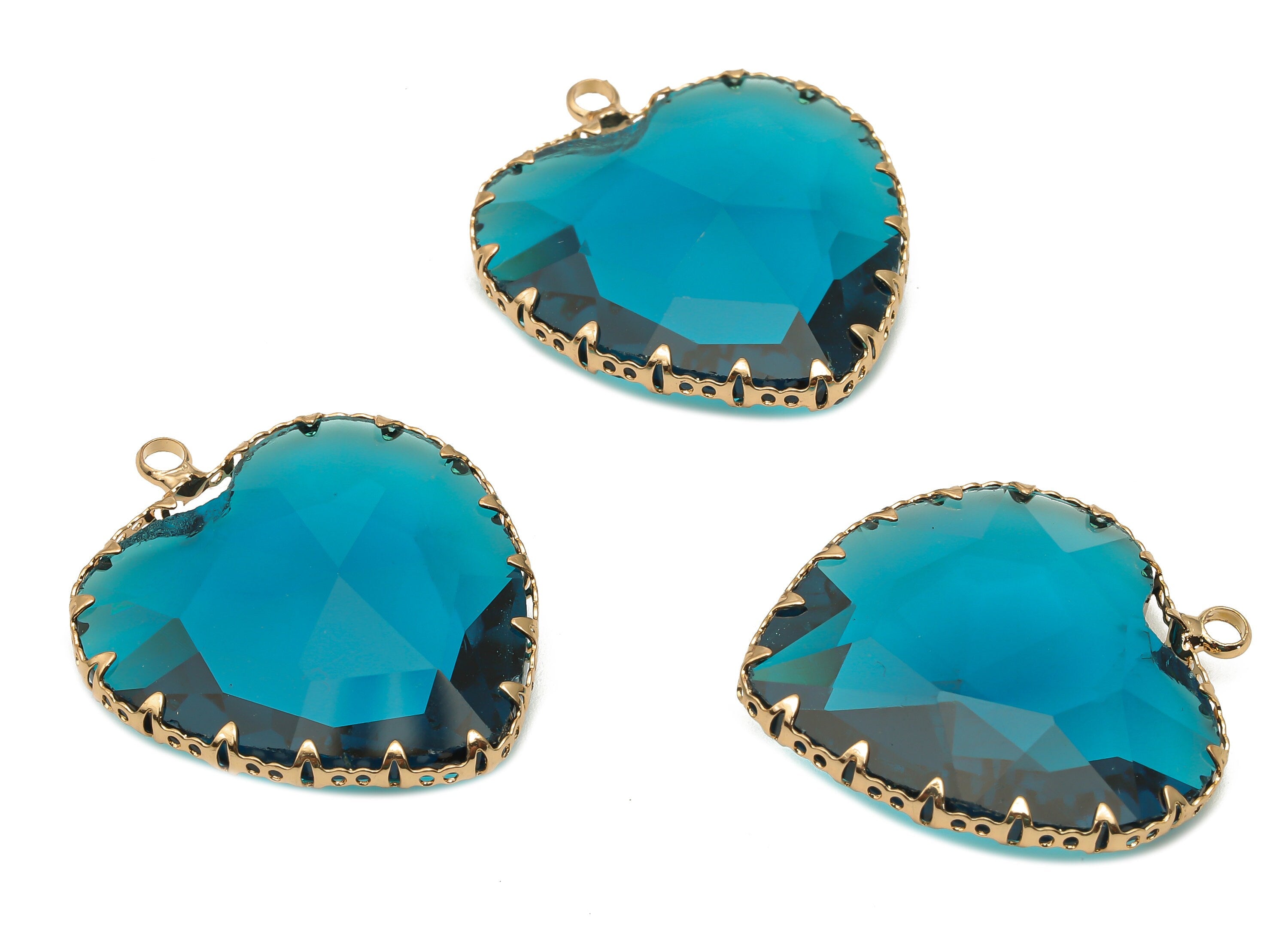 Faceted Glass Heart Charms - Blue Glass Heart Charm With Loop - Gold Tone Plated Brass Pendant- Modern Jewelry -31.04x27.94x9.64mm - GS1149B - DOMEDBAZAAR