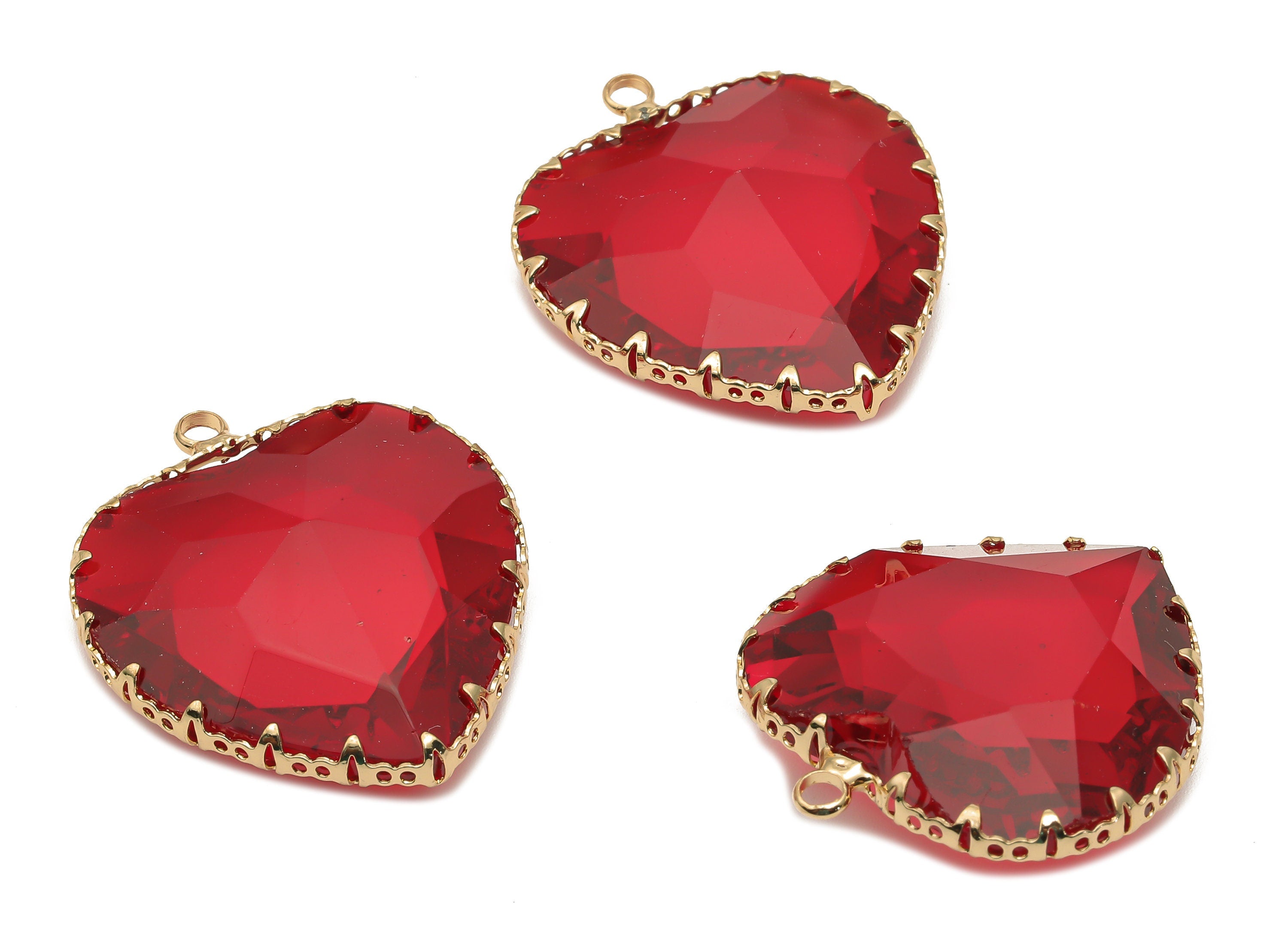 Faceted Glass Heart Charms - Red Glass Heart Charm With Loop - Gold Tone Plated Brass Pendant - Modern Jewelry -31.04x27.94x9.64mm - GS1149C - DOMEDBAZAAR