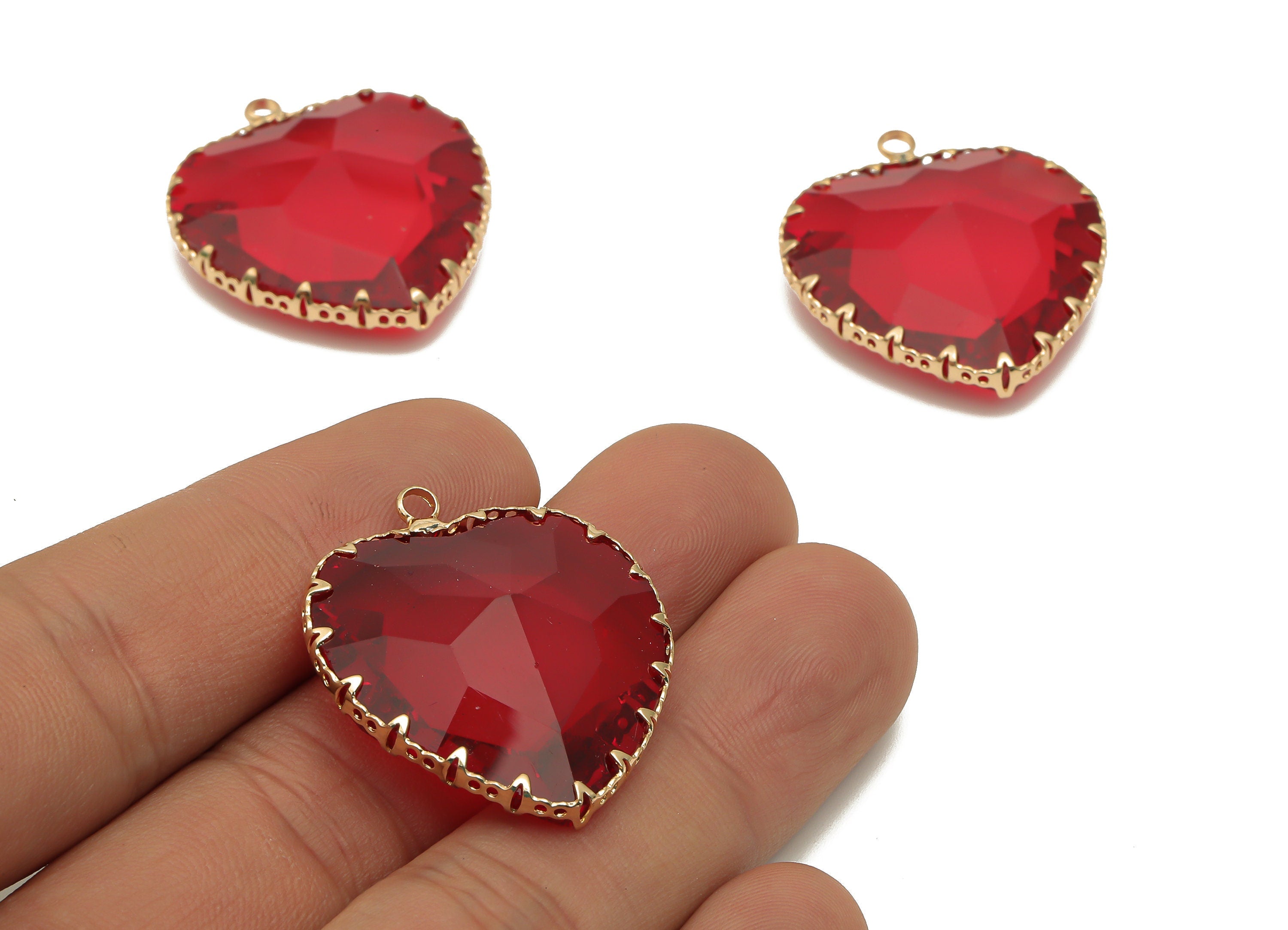 Faceted Glass Heart Charms - Red Glass Heart Charm With Loop - Gold Tone Plated Brass Pendant - Modern Jewelry -31.04x27.94x9.64mm - GS1149C - DOMEDBAZAAR
